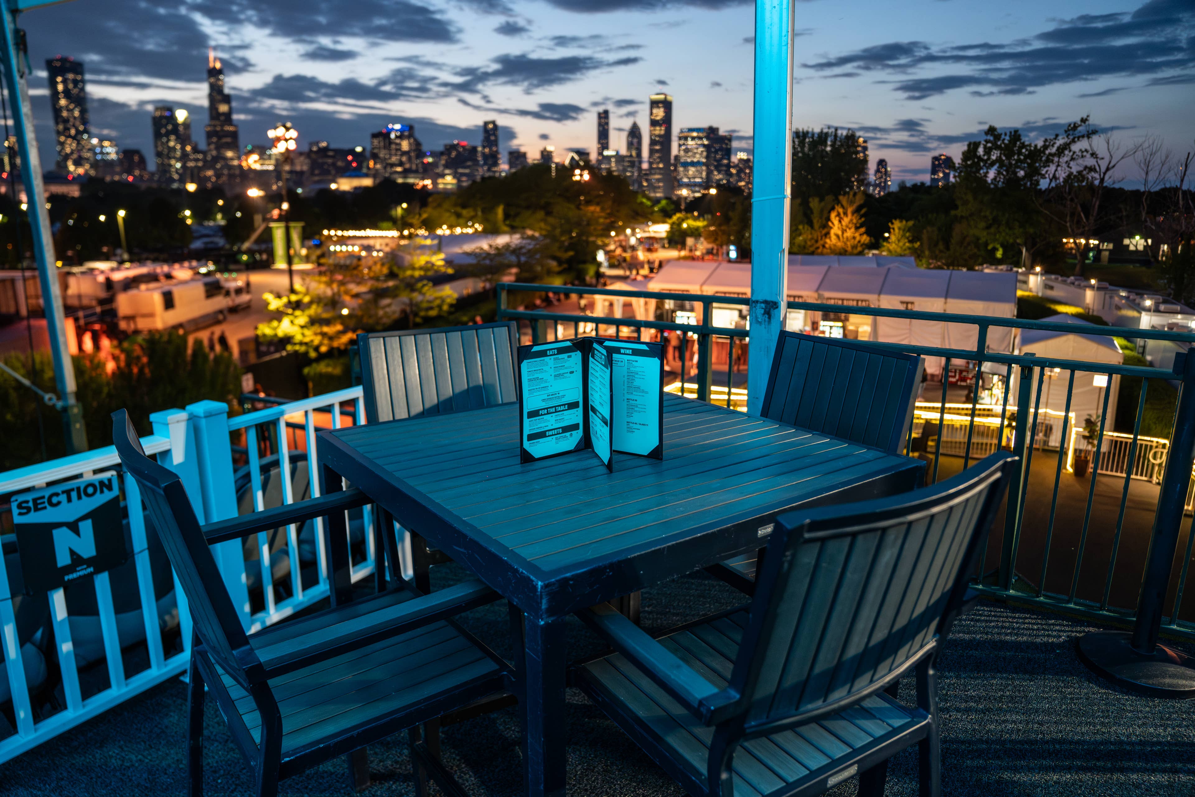 This is an image of a premium table overlooking the venue and you can see the city in the skyline.
Live Nation presents Peach Pit & Briston Maroney at Huntington Bank Pavilion at Northerly Island in Chicago, Illinois on May 29, 2025. (Photo by Alive Coverage for Live Nation)