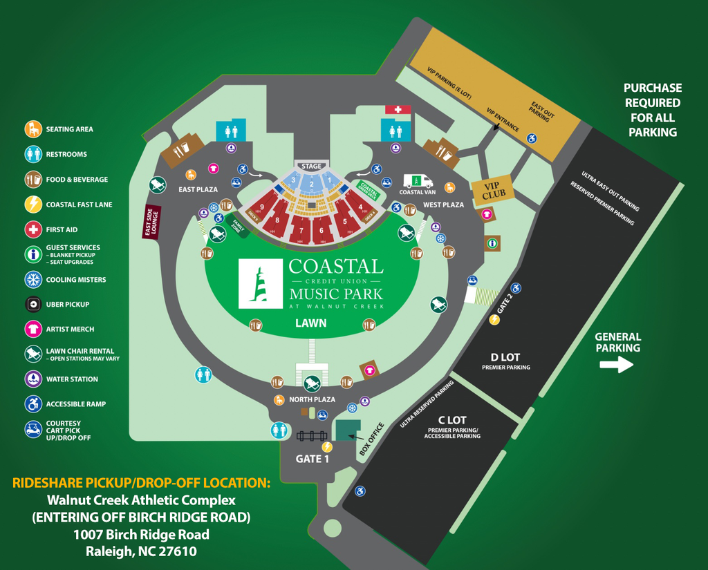 A map of Coastal Credit Union Music Park at Walnut Creek