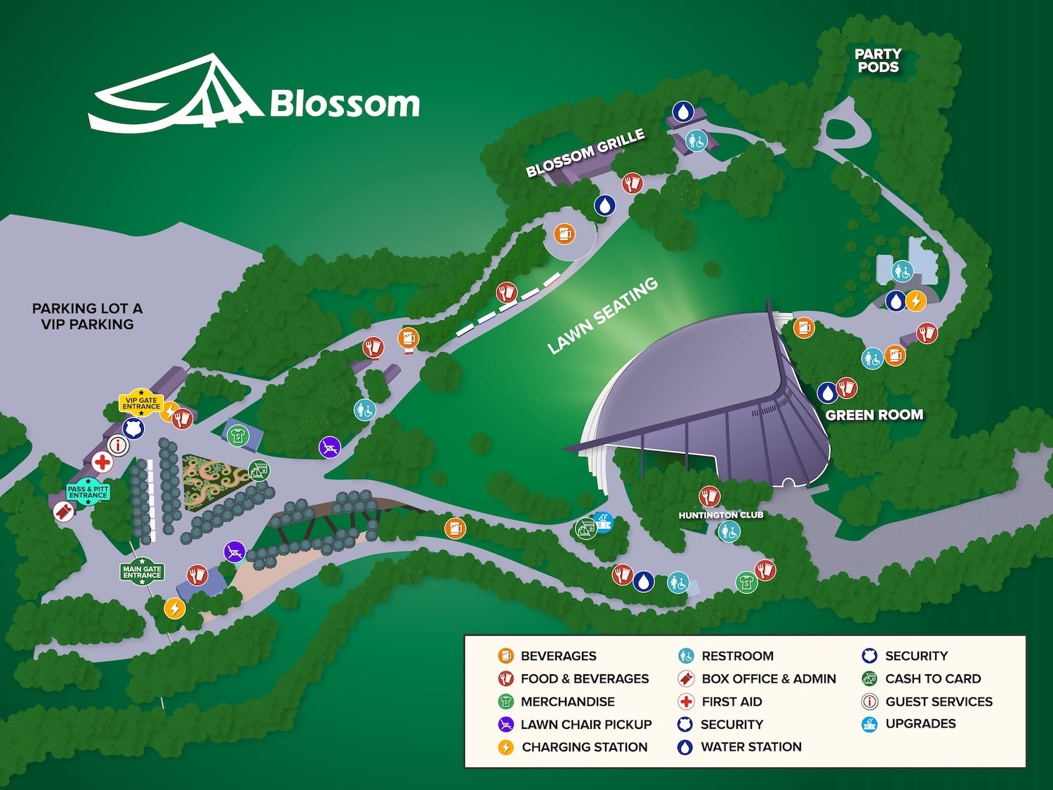 A detailed graphic map of Blossom Music Center grounds.
