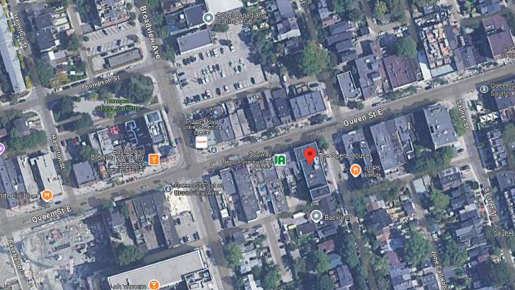 An aerial map view of the surrounding streets and a pin to indicate the location of The Opera House in Toronto.