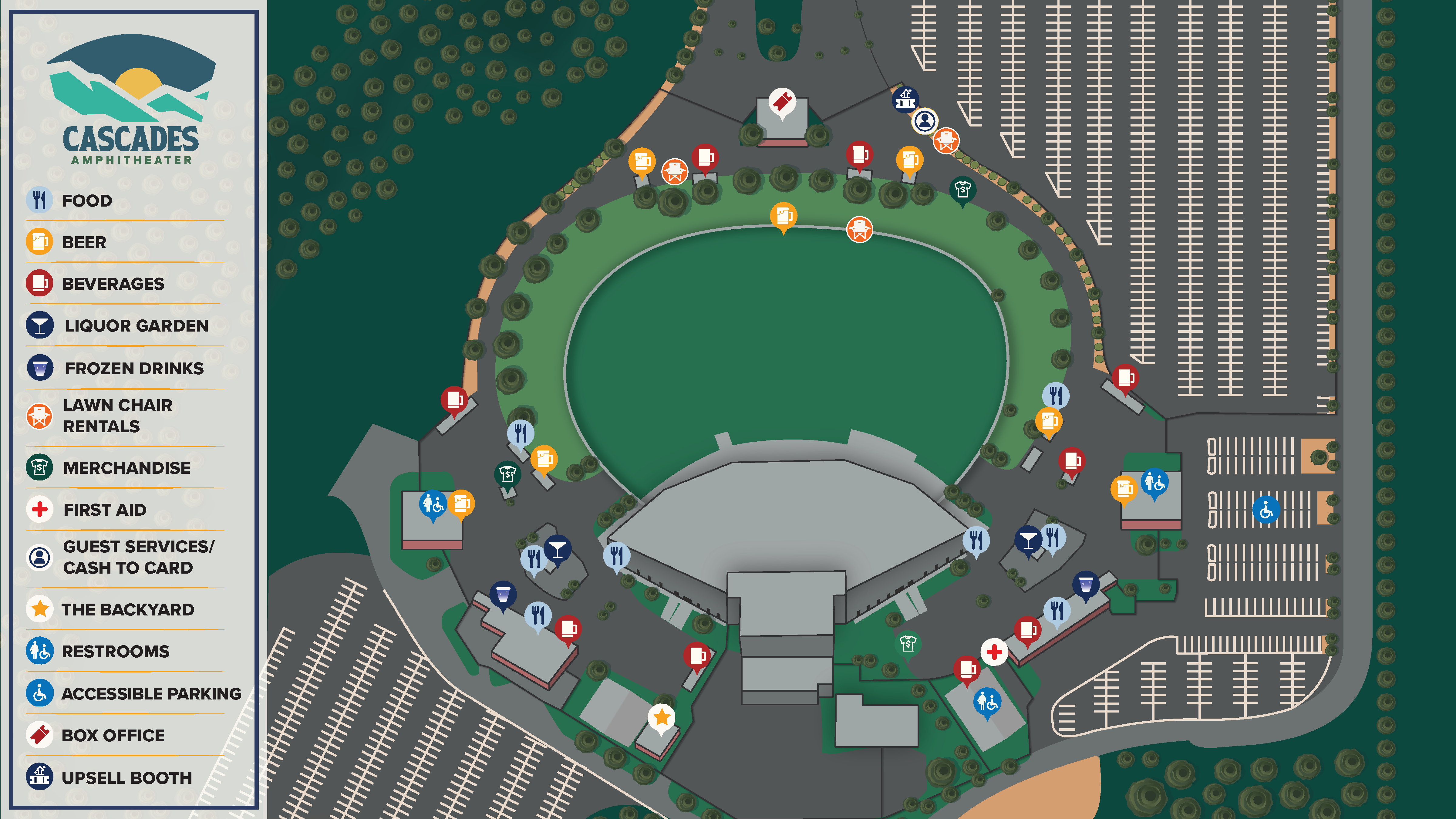 A detailed map of Cascades Amphitheater with icons indicating the food, beer, beverage, liquor garden, frozen drinks, lawn chair rentals, merch, first aid, guest services, the backyard, restrooms, accessible parking, box office, and upsell booths. 