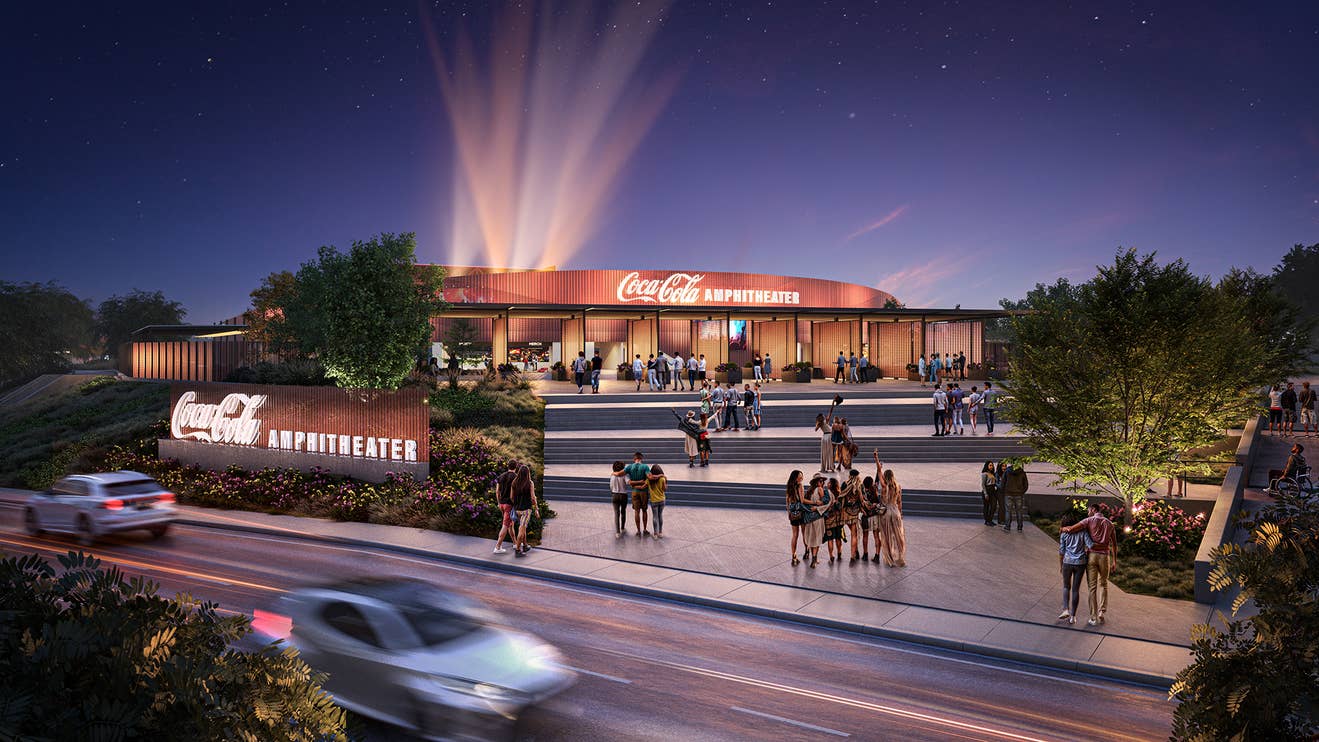 Stunning view of Coca-Cola Amphitheater featuring its iconic stage and open-air seating, perfect for unforgettable concerts, private events, and skyline views.