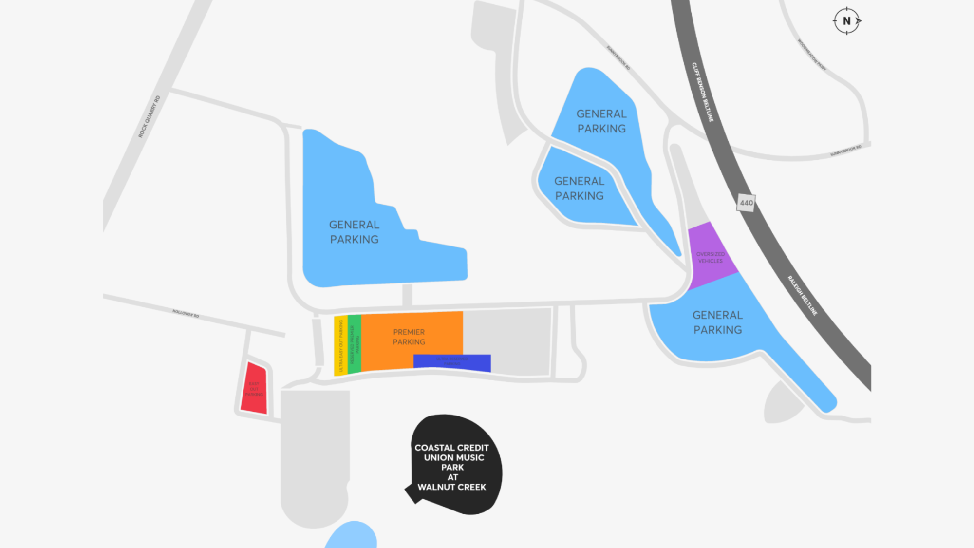 A parking map of the various parking lots at the venue. General parking, reserved parking, and oversized parking.