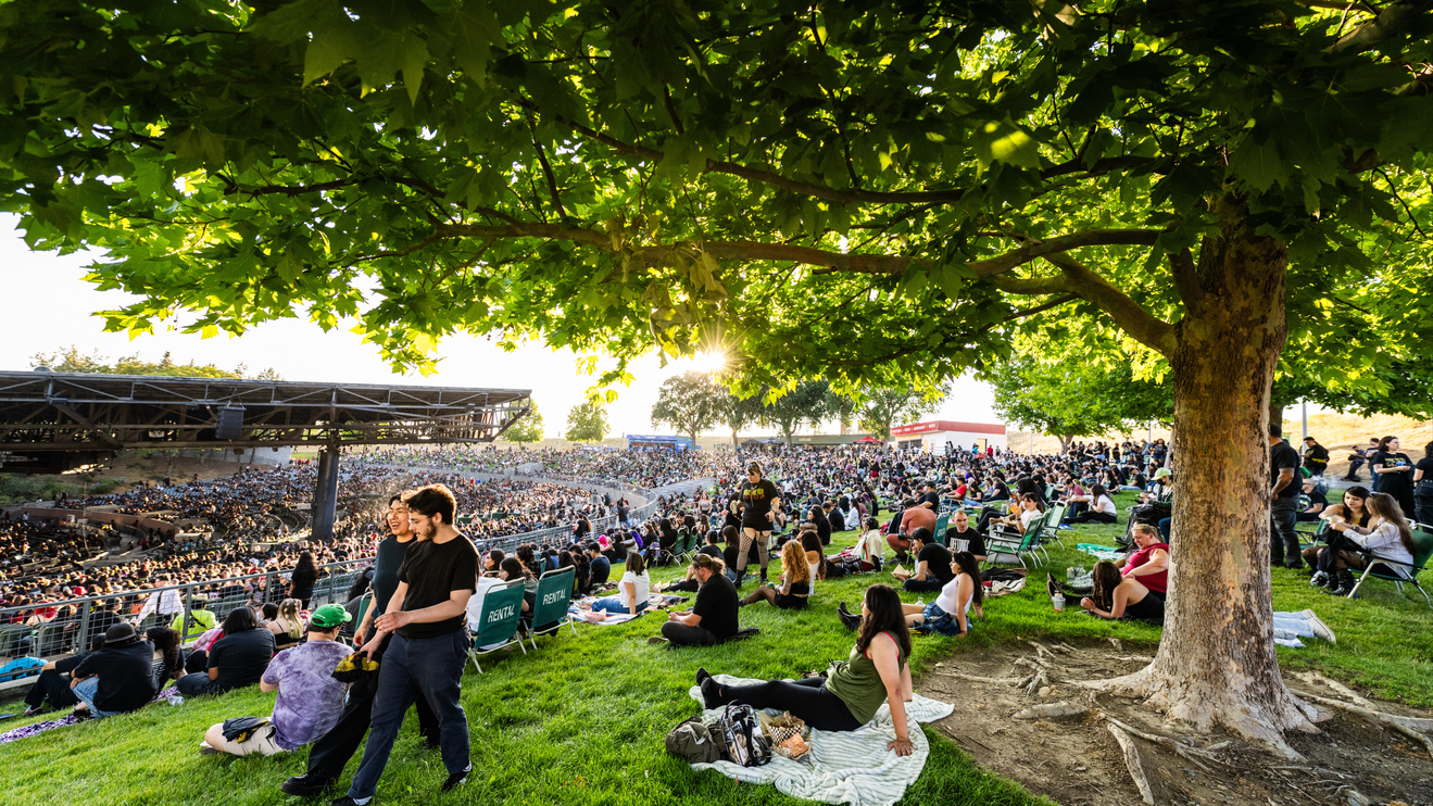 The lawn seating area at Toyota Pavilion at Concord, with fans seated on blankets and walking around, the sun coming through the trees.