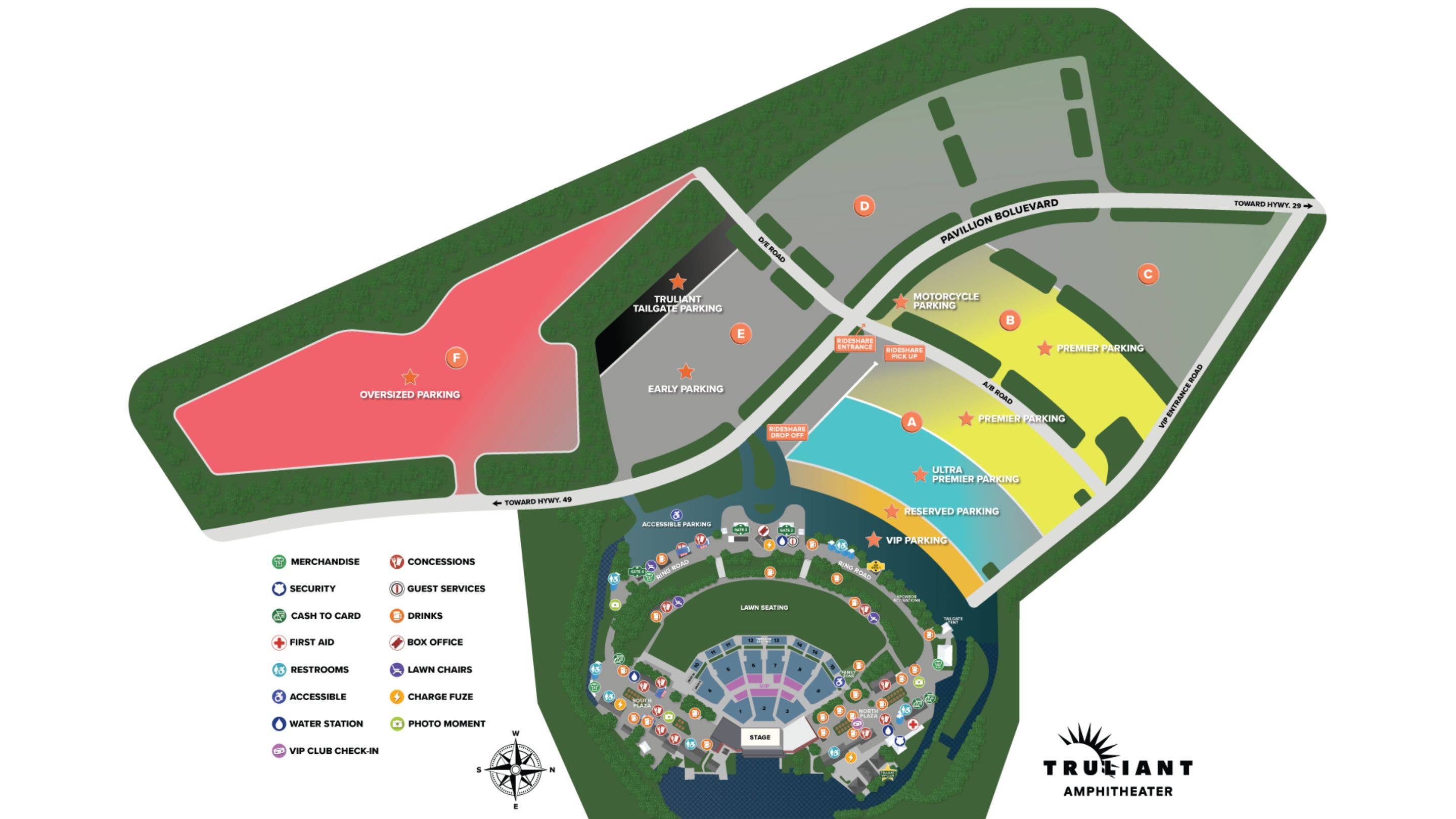 Truliant Amphitheater Parking Map showing were all the parking is located.
