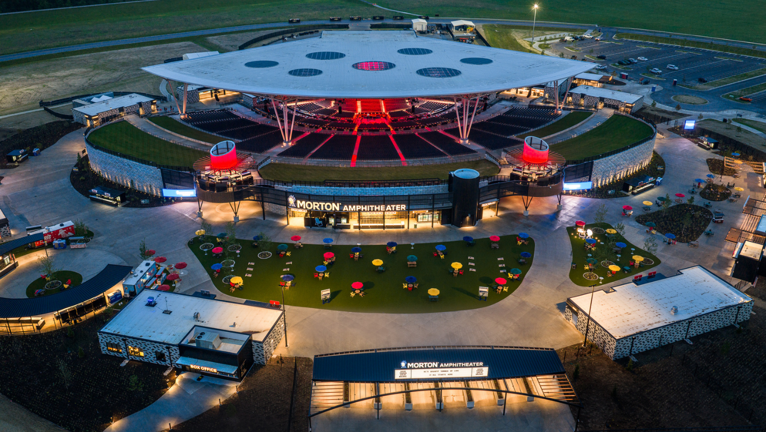 An aerial view of Morton Amphitheater at night (Photo Credit: Evan Joseph)