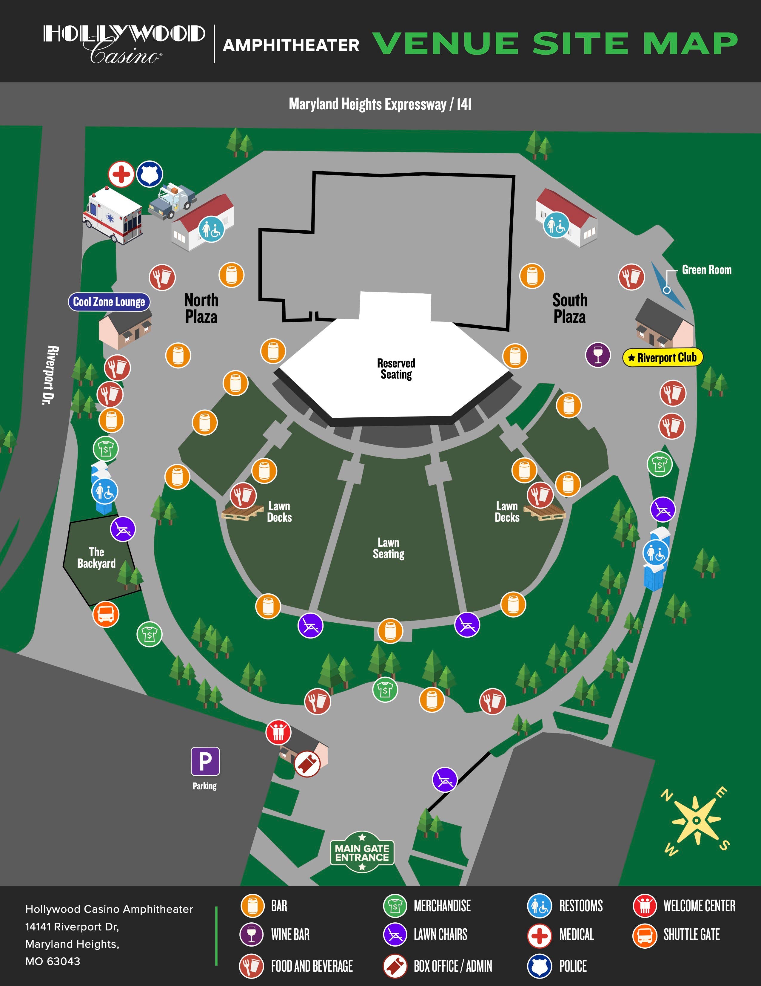 A map of Hollywood Casino Amphitheater shows where entrances, restrooms, food & beverages and more are located within the venue.