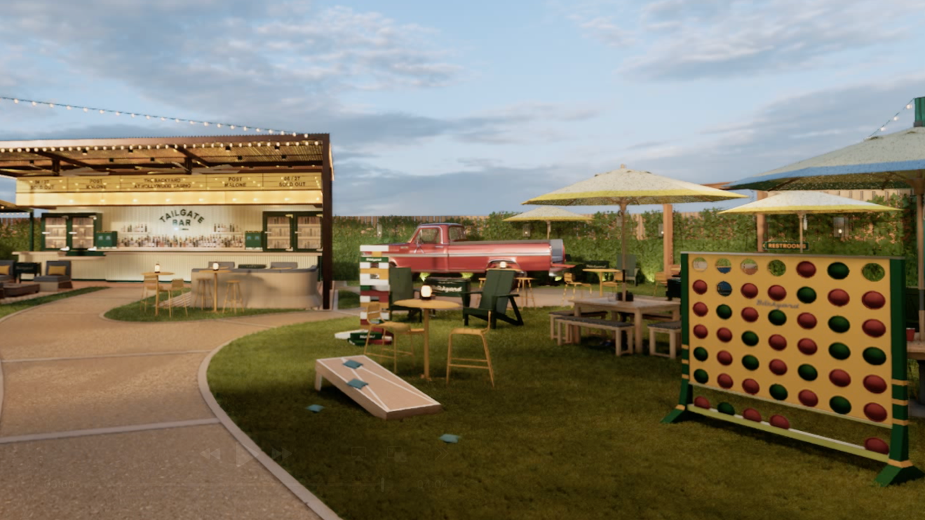 A rendering shows outdoor lawn games including corn hole, Jenga and Connect 4.