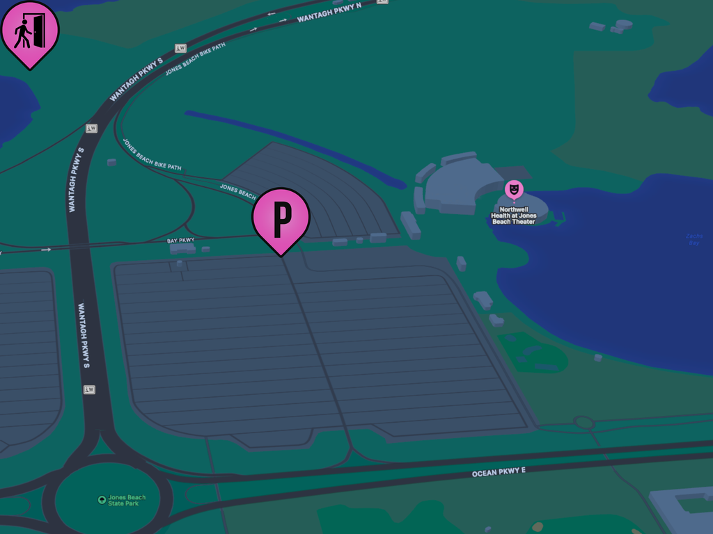 An aerial view of the venue with indication of the parking area and the amphitheater building