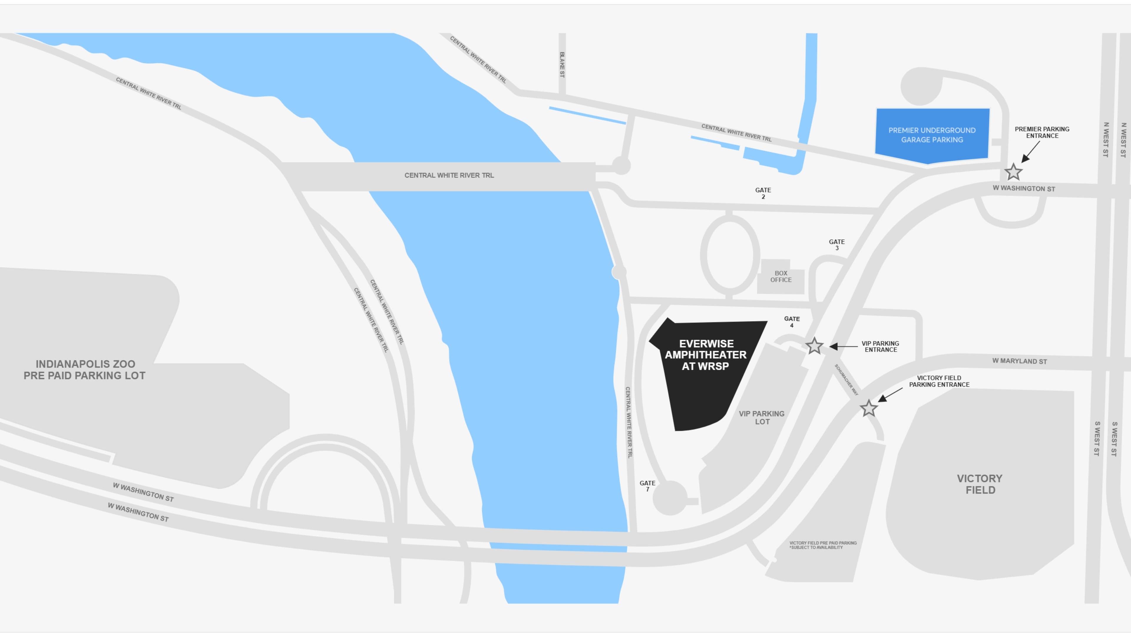 A map of parking in the area by Everwise Amphitheater. 