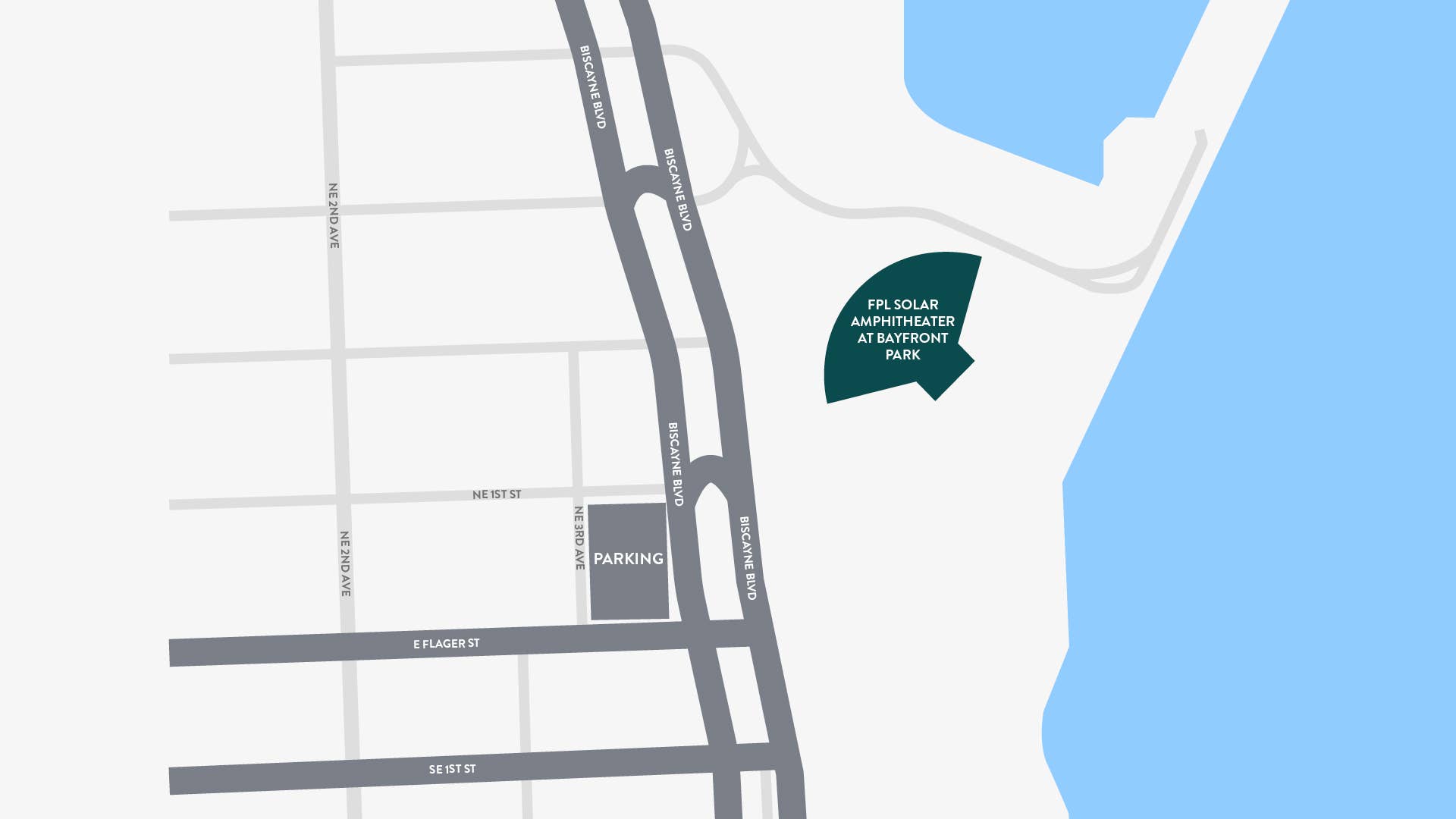 Stylized map showing the location of FPL Solar Amphitheater at Bayfront Park with nearby parking areas and surrounding streets labeled, including Biscayne Blvd and E Flagler St.