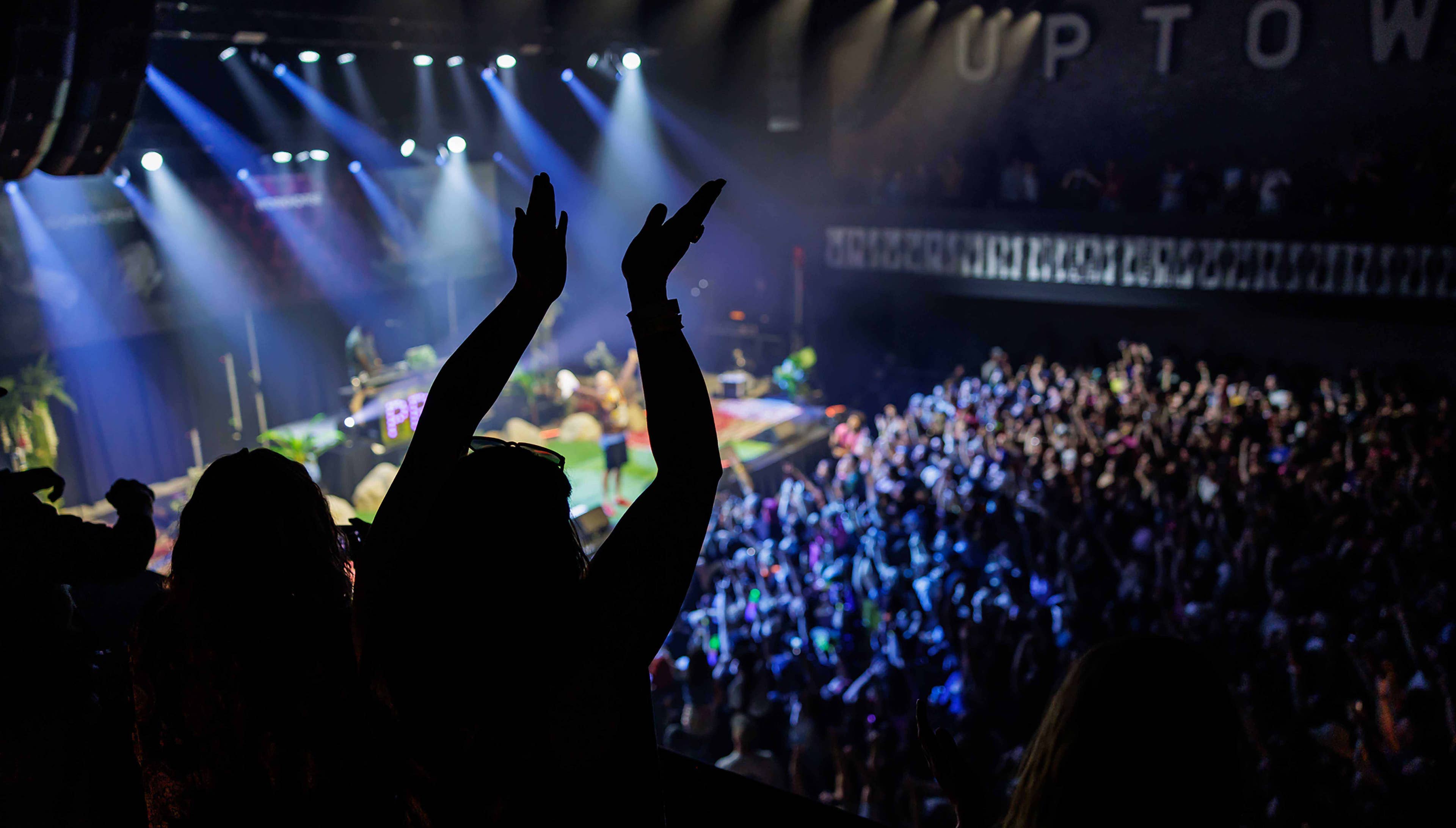 A person in a premium seating box clapping their hands