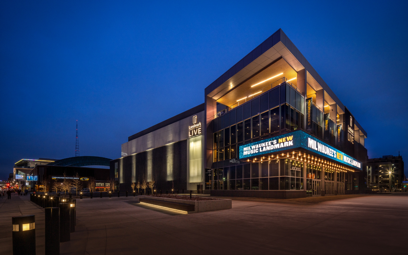 A photo of the exterior of Landmark Credit Union Live in the evening.
