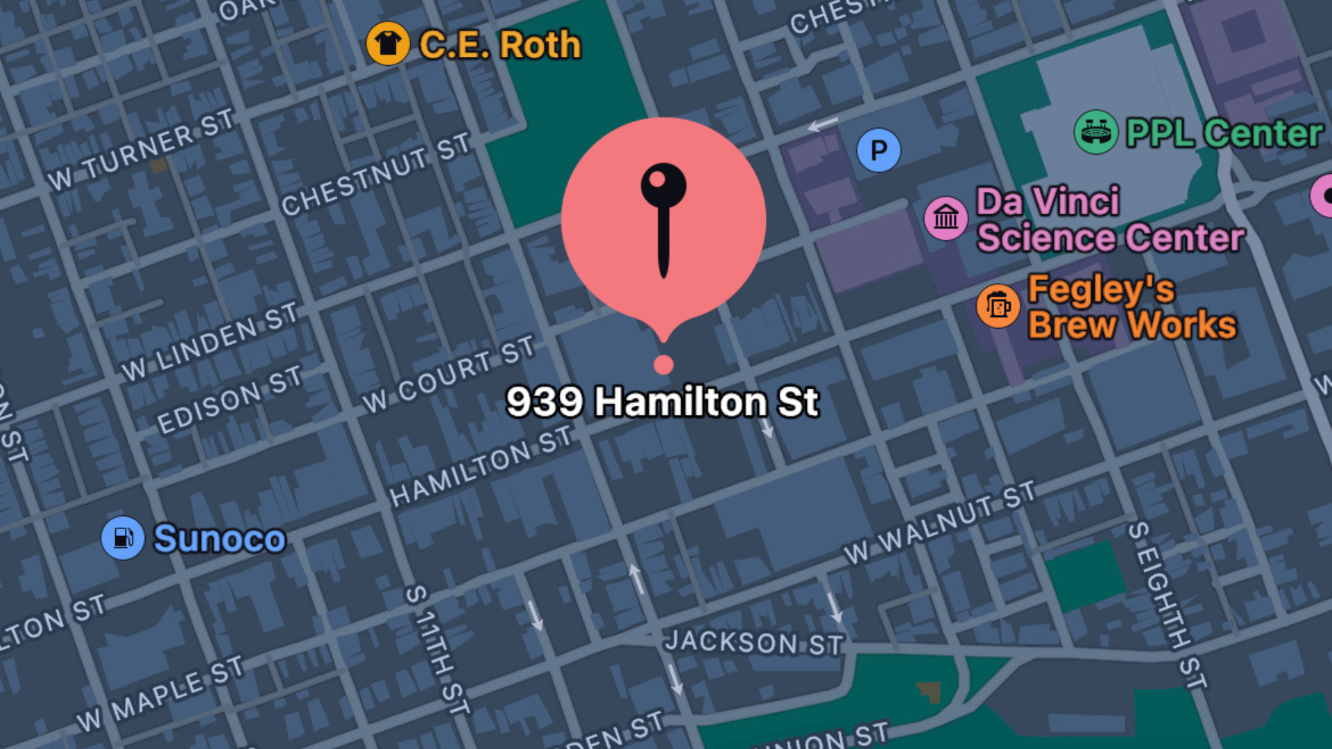 Map of Archer Music Hall's location in Downtown Allentown