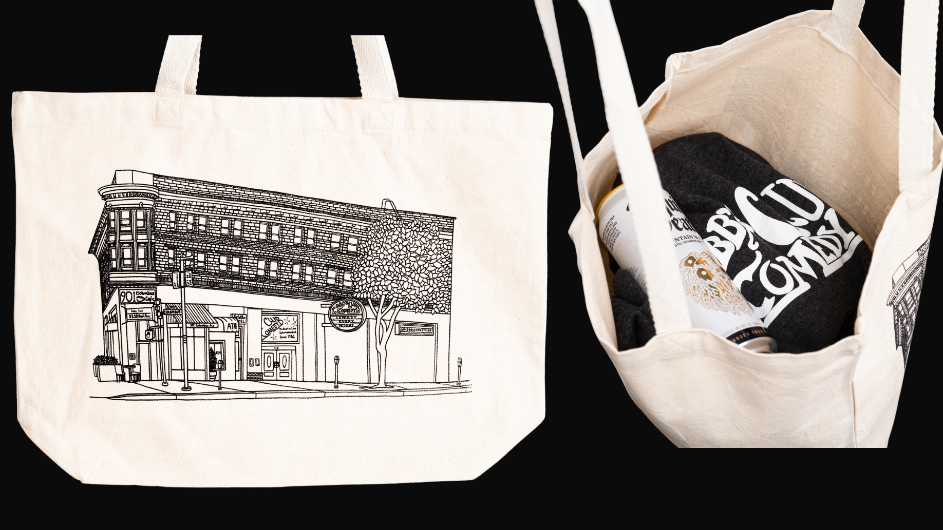 A tote bag featuring an illustration of Cobb's Comedy Club from the outside, with a Cobb's hoodie and water bottle placed inside the bag.