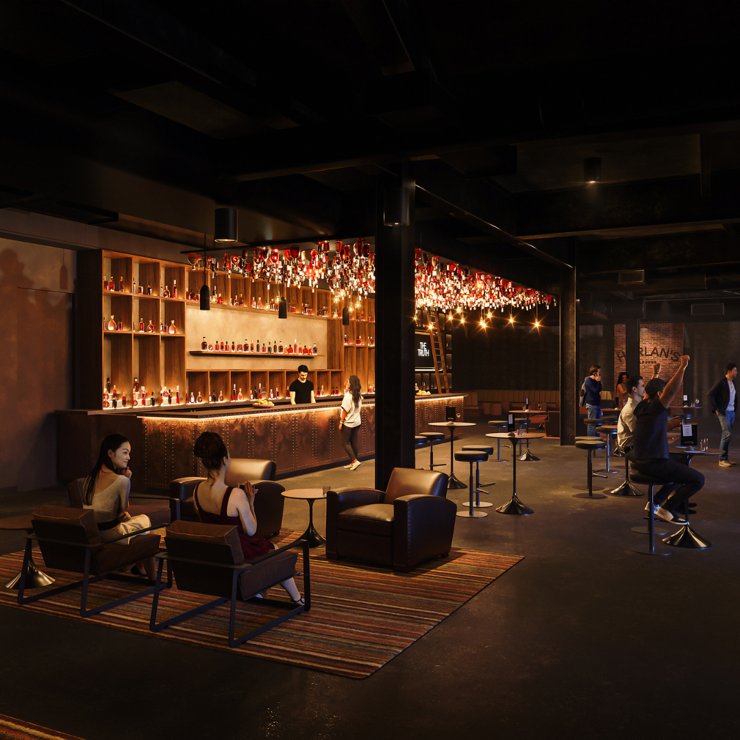 A lounge area with a fully stocked bar