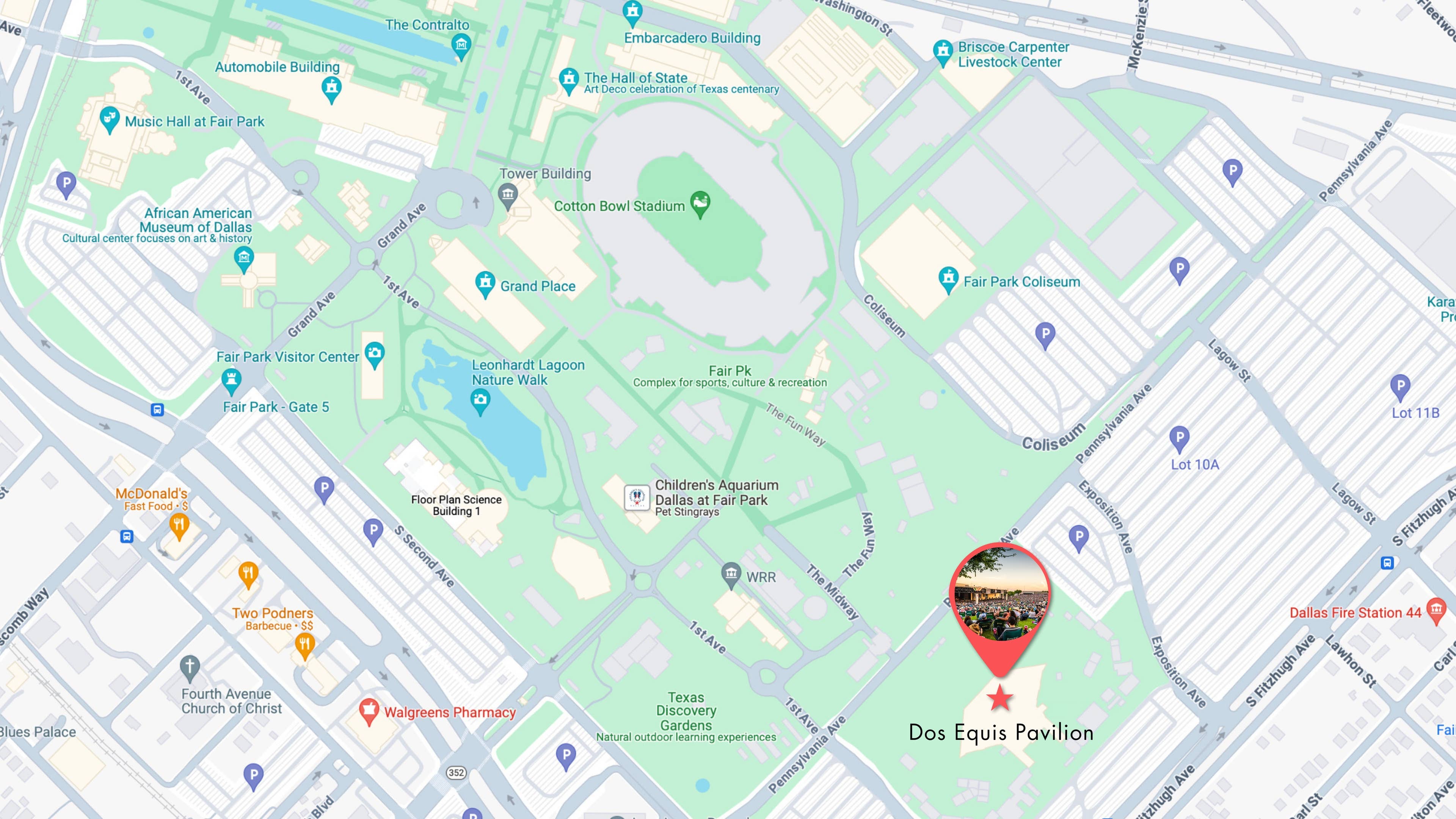 A map of the surrounding streets and pin indicating the location of Dos Equis Pavilion.