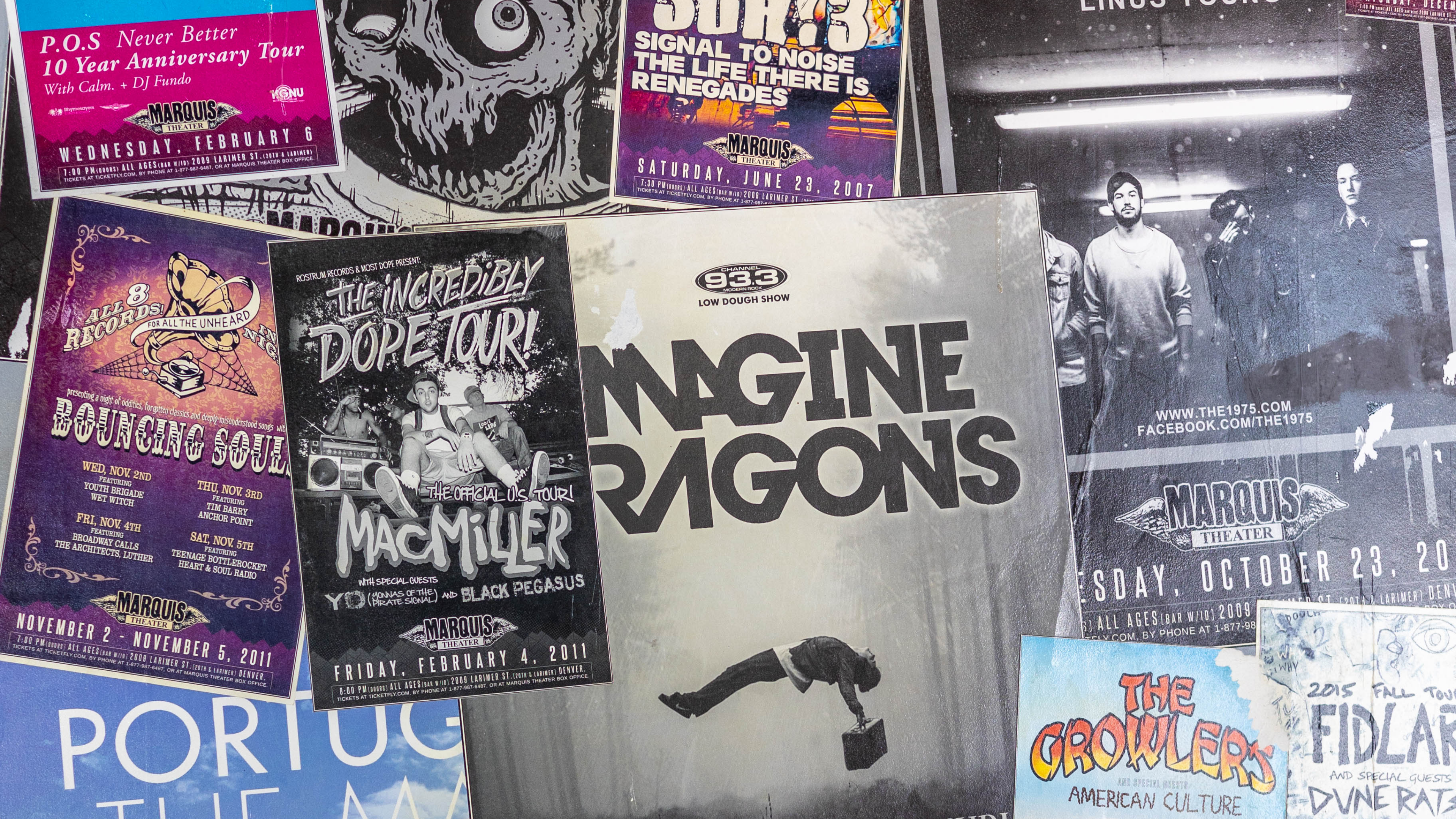 Posters from various shows at Marquis, including Mac Miller, Portugal the Man, Imagine Dragons & more.