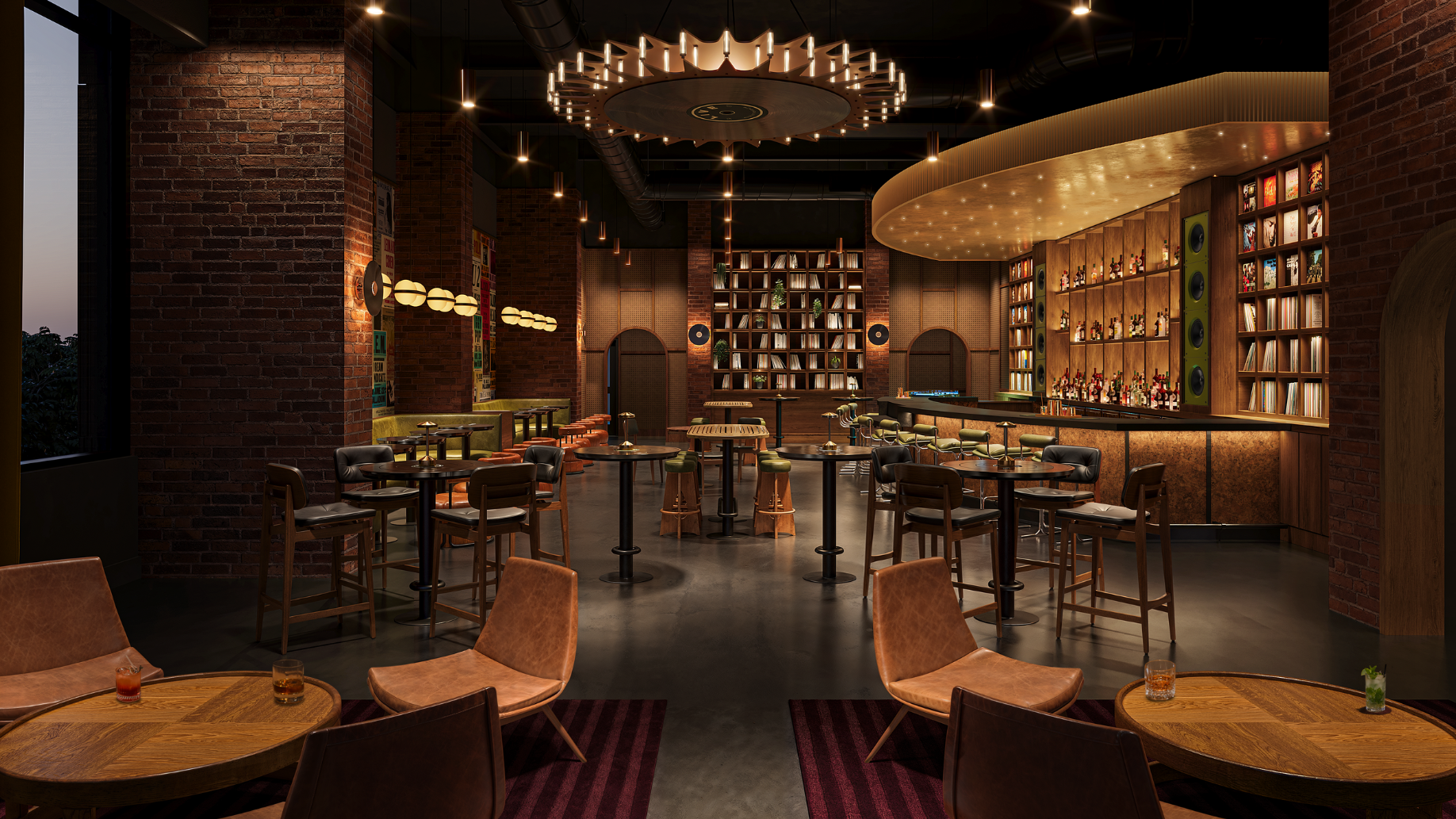 A rendering of the Vinyl Room lounge. Private bar, low top and high top tables and chairs, and records adorning the walls.