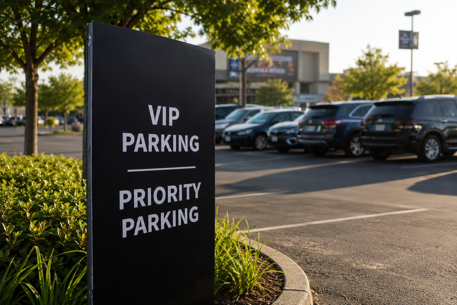 This photo shows a sign in the parking lot that says "VIP Parking / Priority Parking" on it.