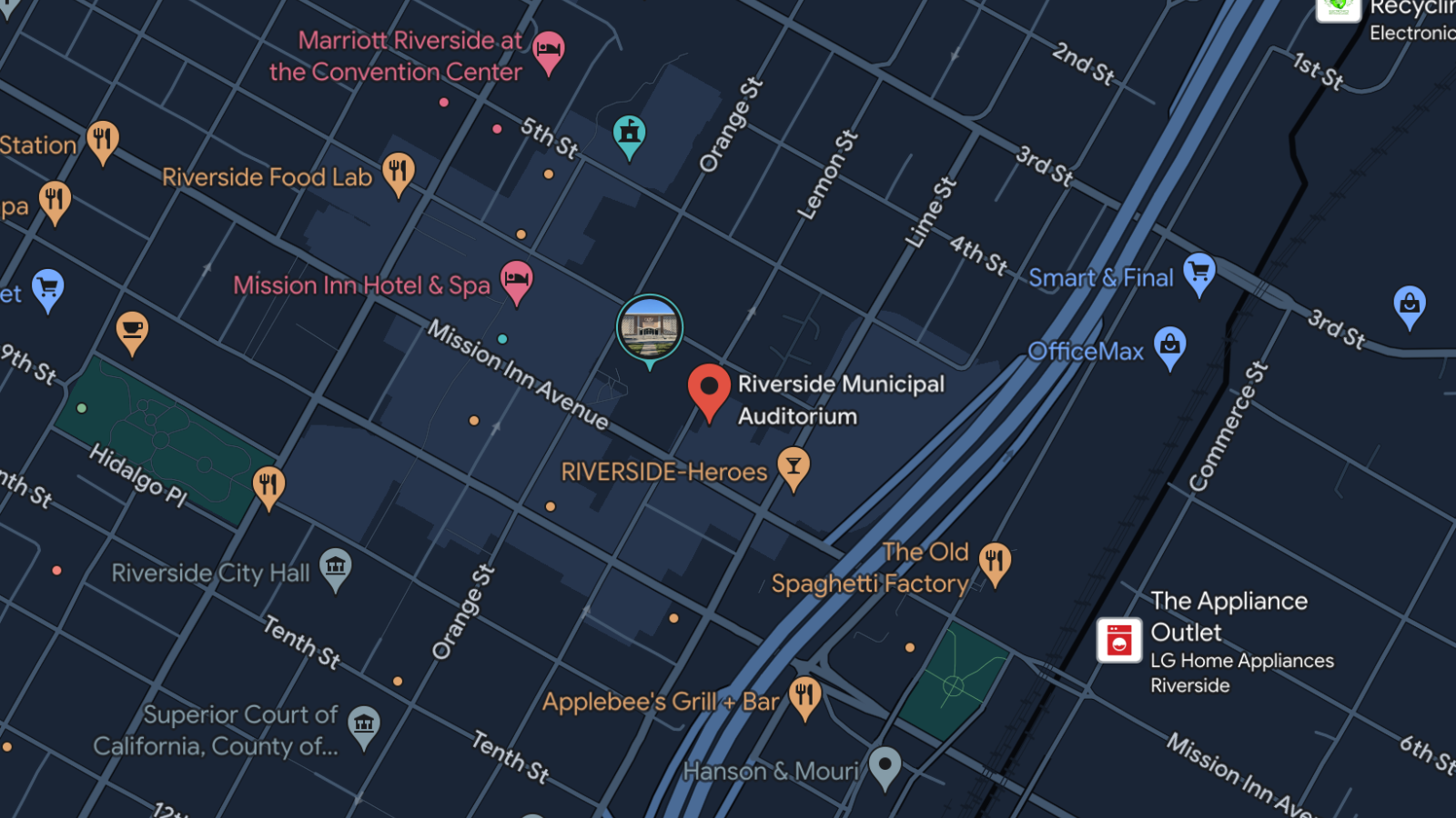Map of the surrounding streets of the venue with a pin indicating Riverside Municipal Auditorium's location