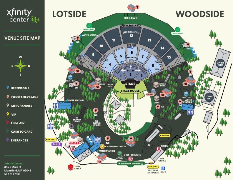 A detailed illustrative map of Ruoff Music Center with icons to indicate restrooms, food & beverage, merch, VIP, first aid, cash to card, and entrance. 