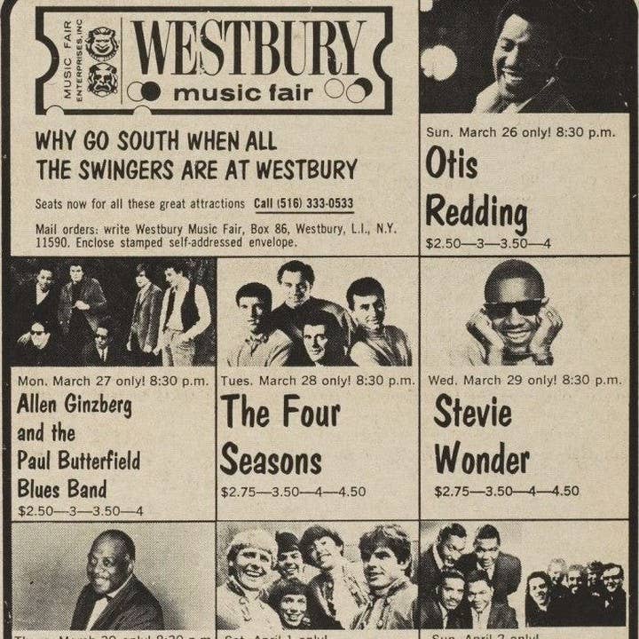 1967 - Newspaper Clipping of events at Westbury music fair. This included Otis Redding, Allen Ginzberg, The Four Seasons, Stevie Wonder, and more