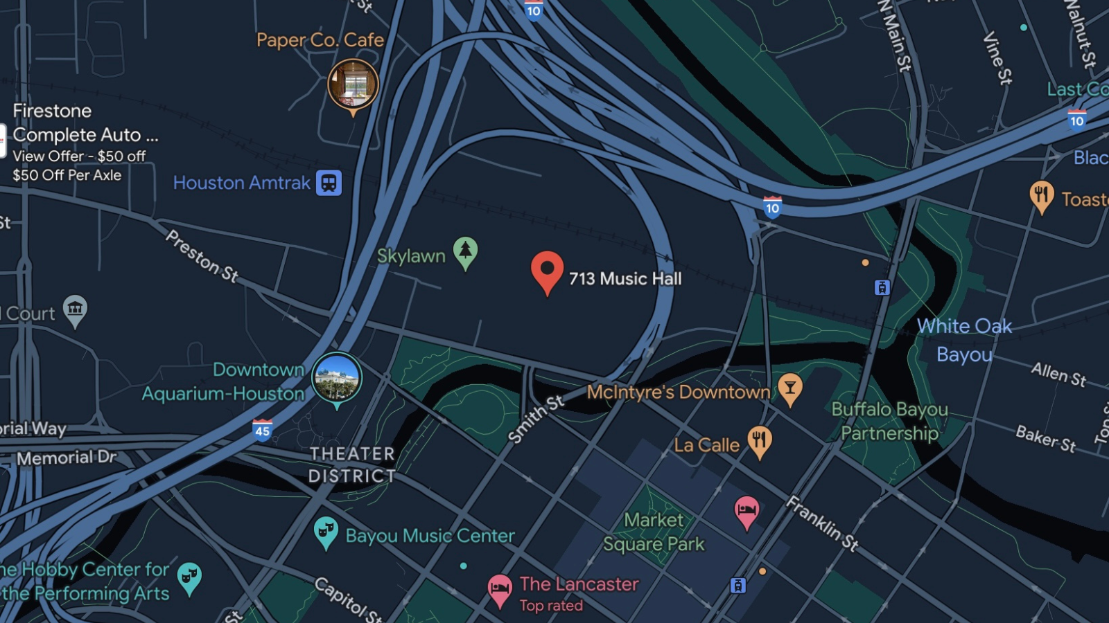 A map of the surrounding streets and a pin of 713 Music Hall.