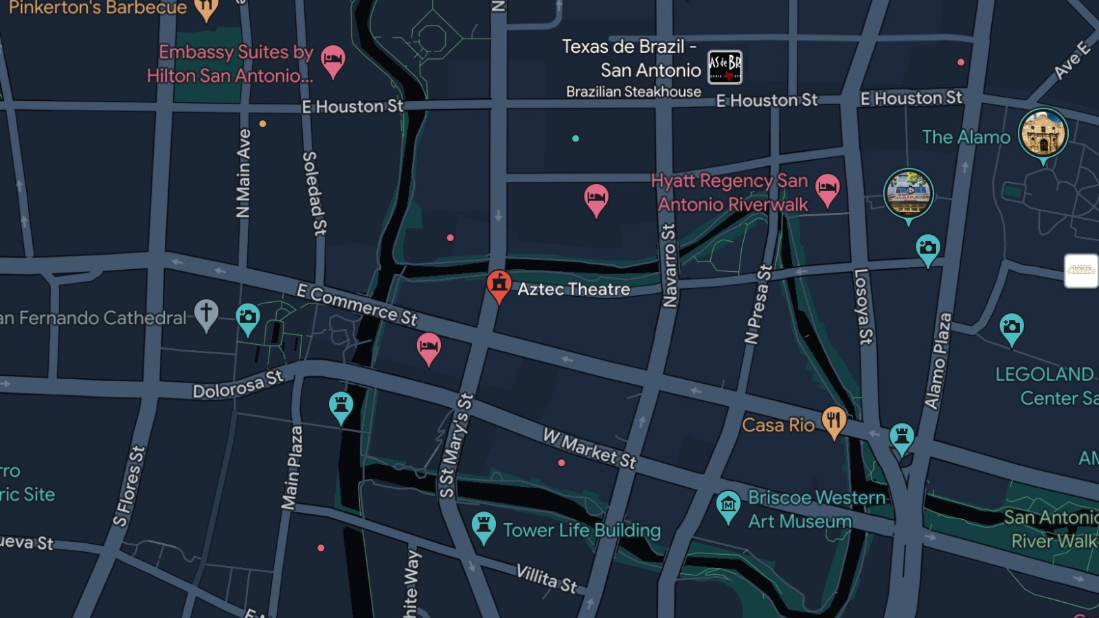 image of street map of downtown San Antonio showing the location of the Aztec Theatre