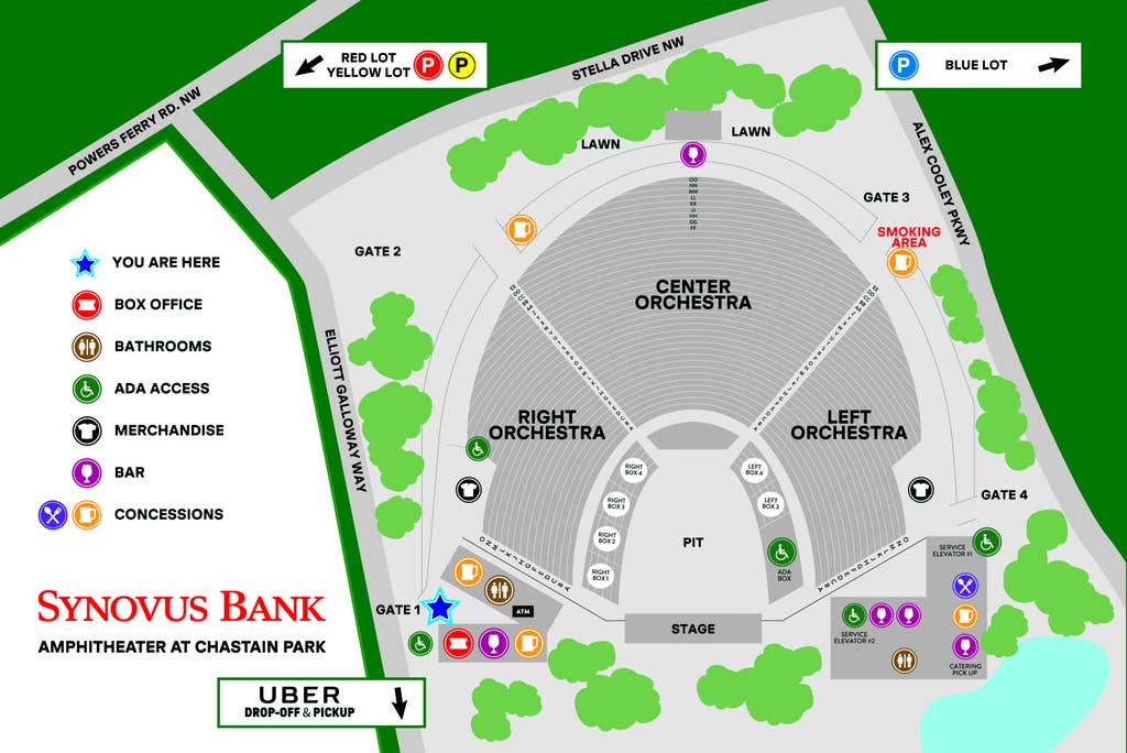 A detailed map of Synovus Bank Amphitheater at Chastain Park.