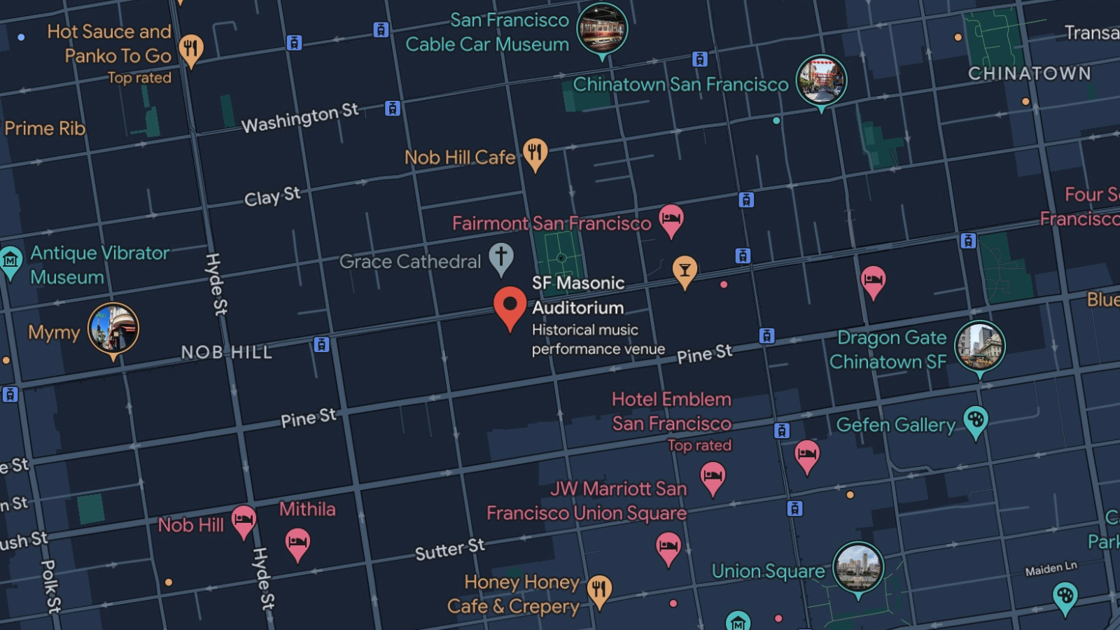 A map of Nob Hill with a tab pointing to where The Masonic is located.