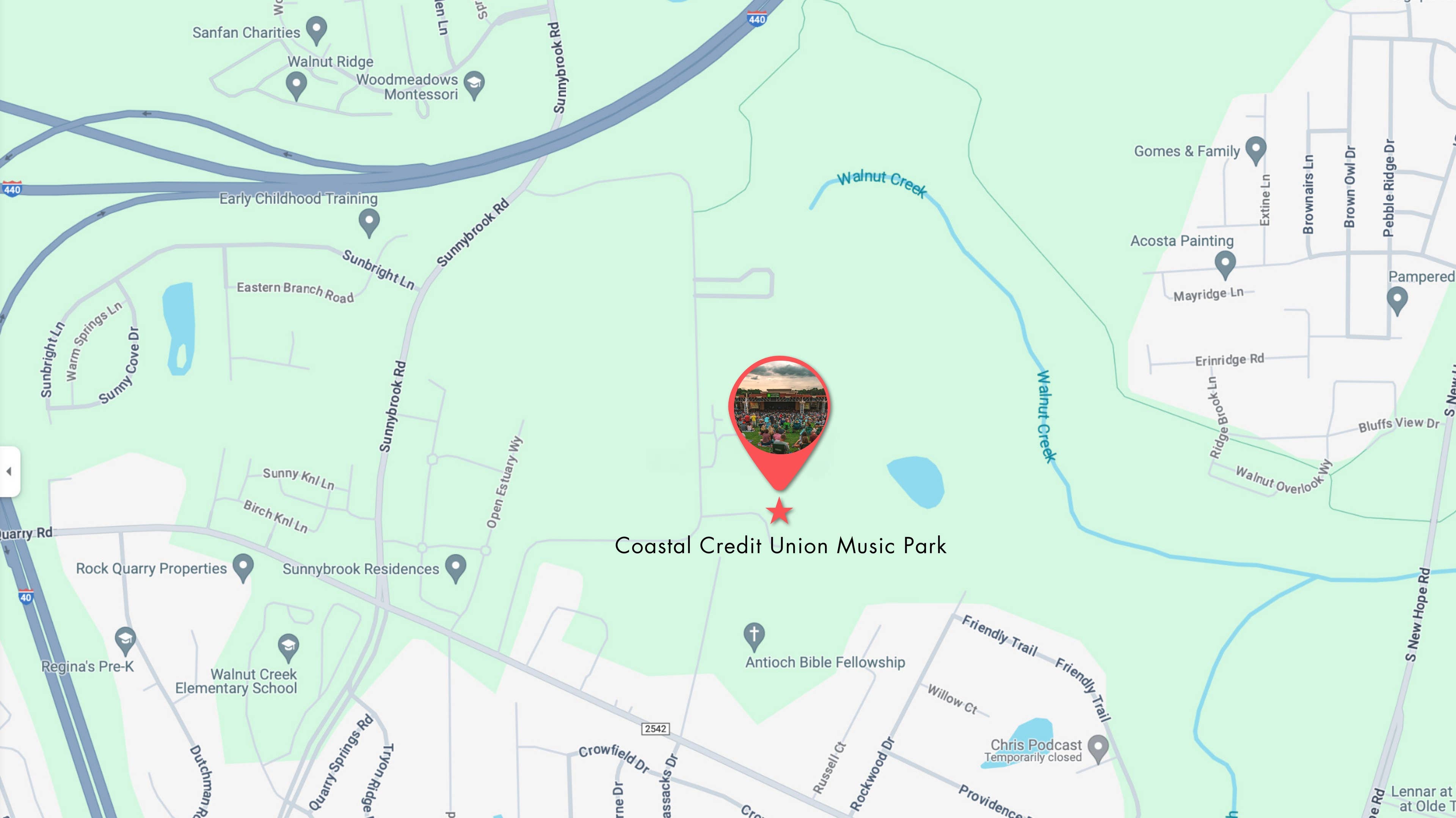 A map of the surrounding streets of Coastal Credit Union Music Park