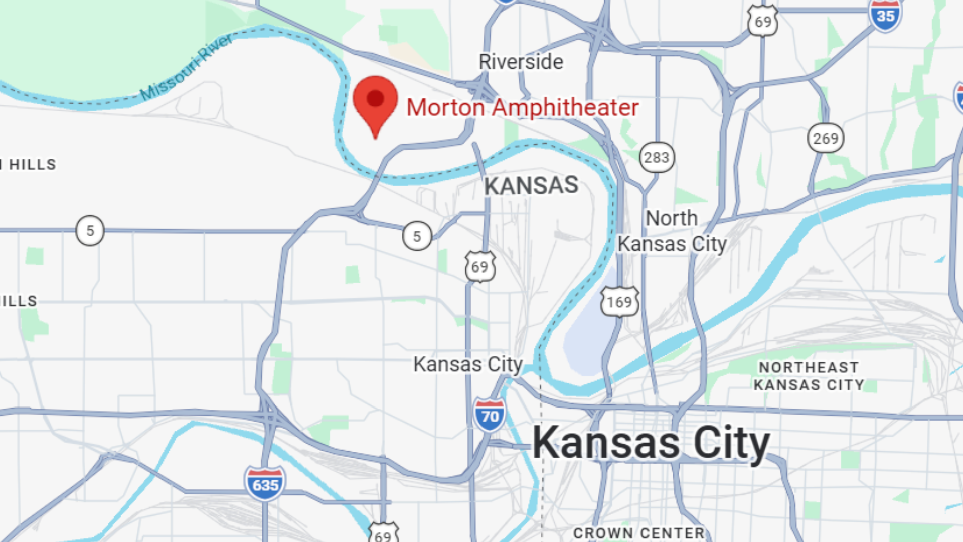 A map of the Kansas City area shows the location of Morton Amphitheater in Riverside, MO.