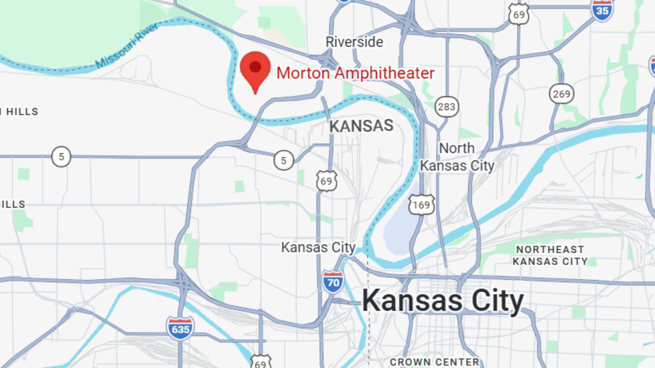 A map of the Kansas City area shows the location of Morton Amphitheater in Riverside, MO.
