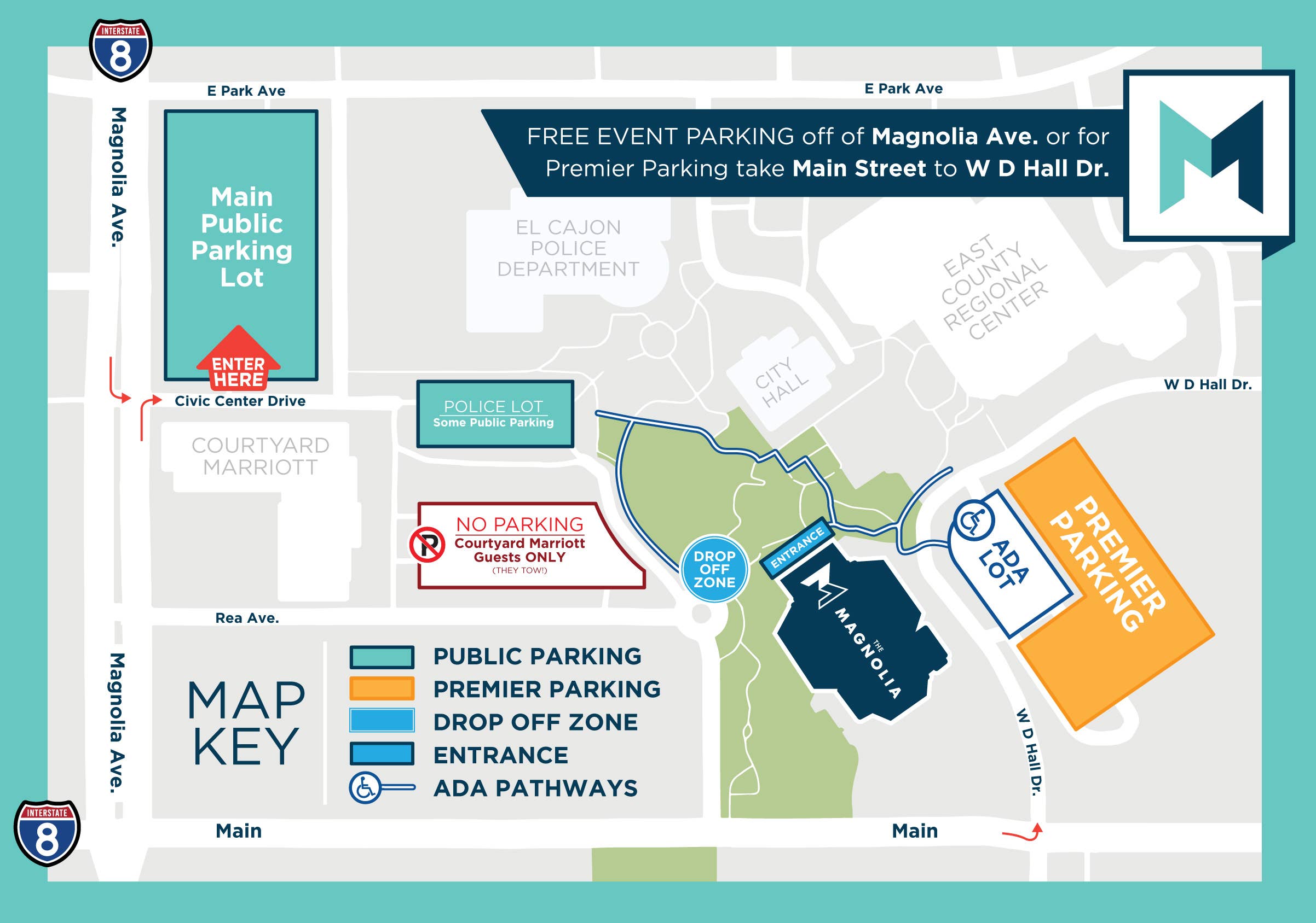Drawn map of The Magnolia and surrounding streets with general and premier parking locations colored in light blue and dark blue.