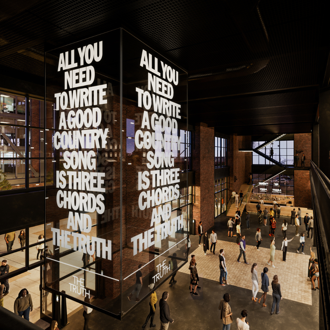 A rendering of a chandelier which projects song lyrics.