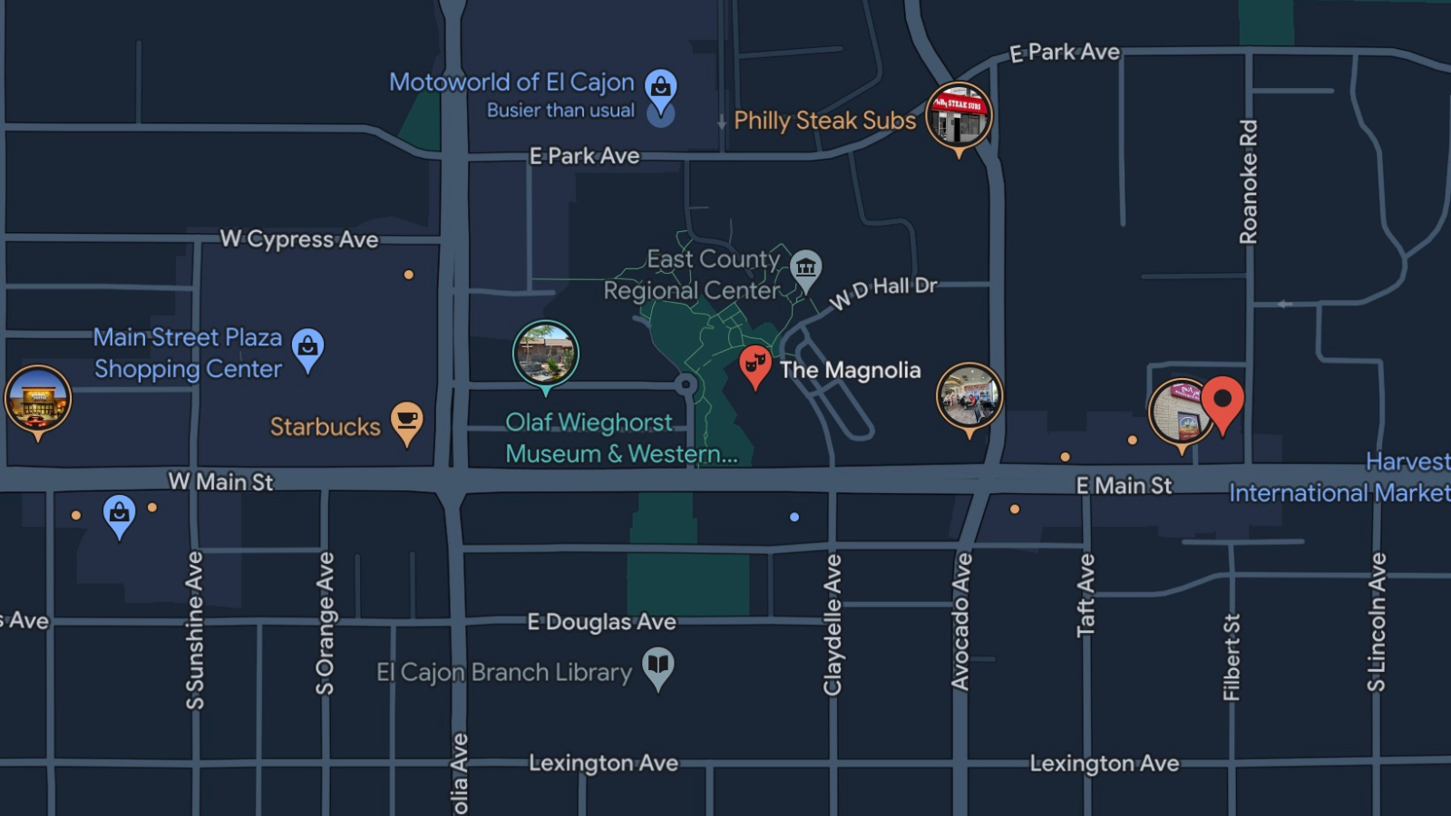 Google Maps image of The Magnolia with surrounding street names and names of nearby businesses.