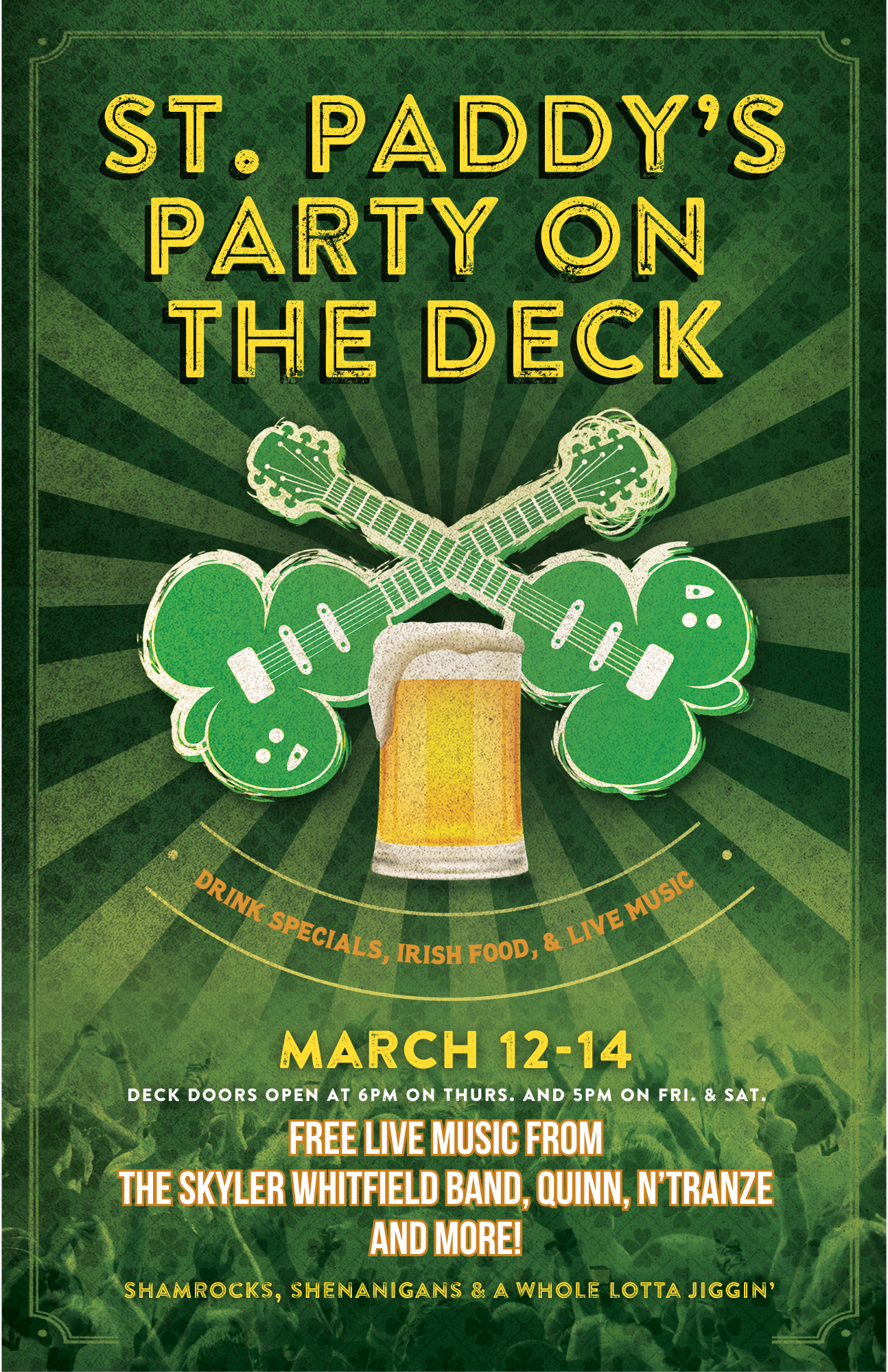 Graphic promoting the St. Paddy's Day Party on The Deck at House of Blues Myrtle Beach featuring food, drink, and music deals. 