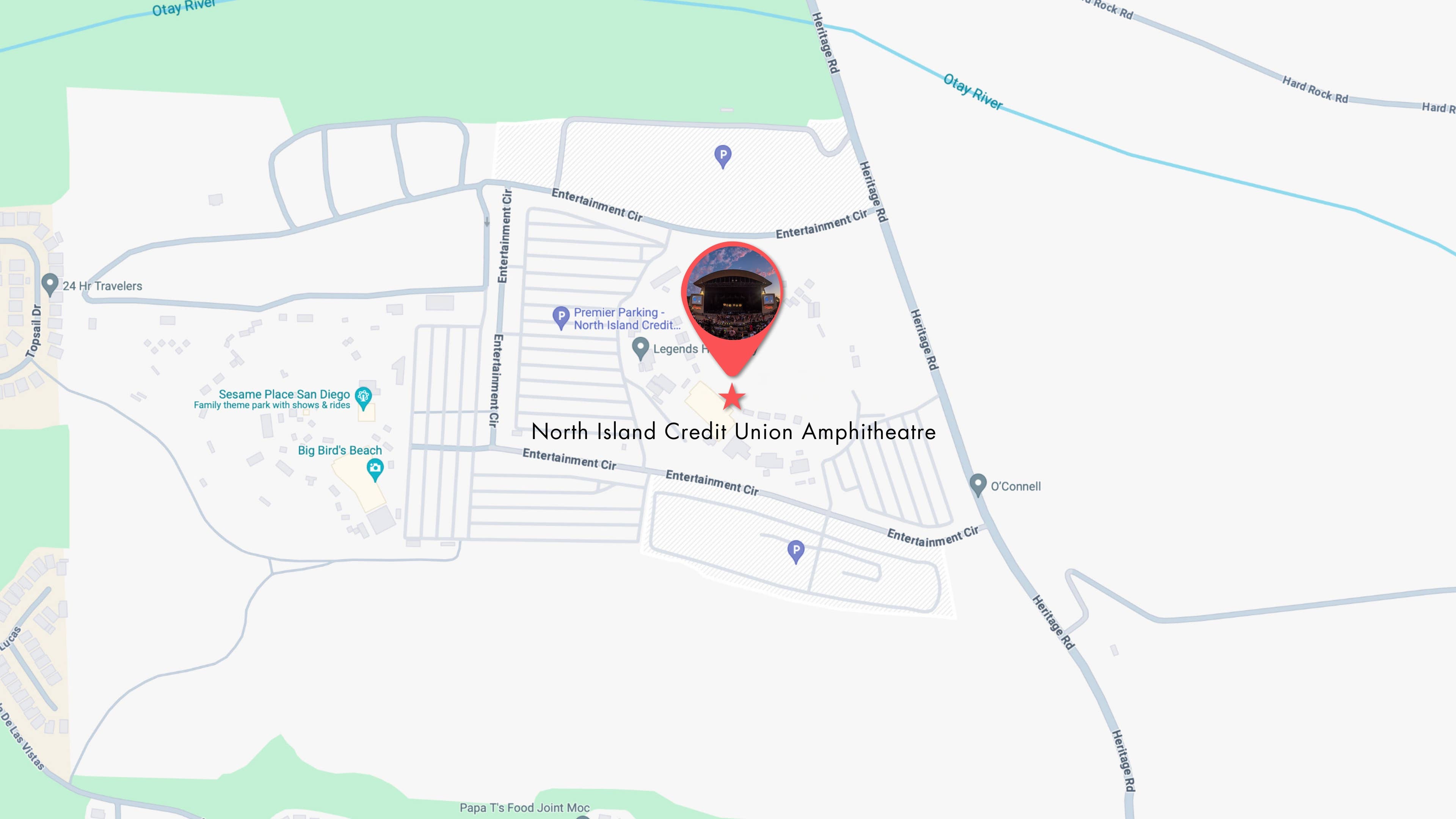 Google Maps 2-D image of area and streets surroundingNorth Island Credit Union Amphitheatre