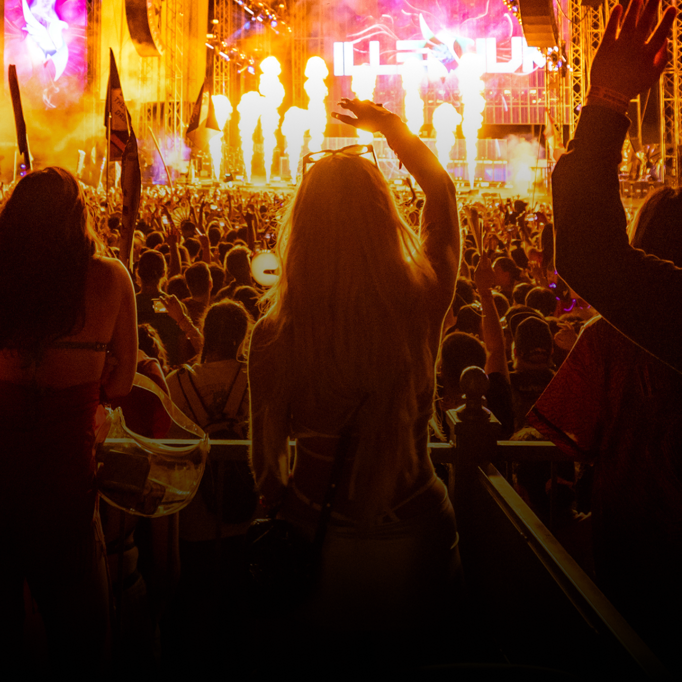 Two adults stand with their arms up facing the stage.