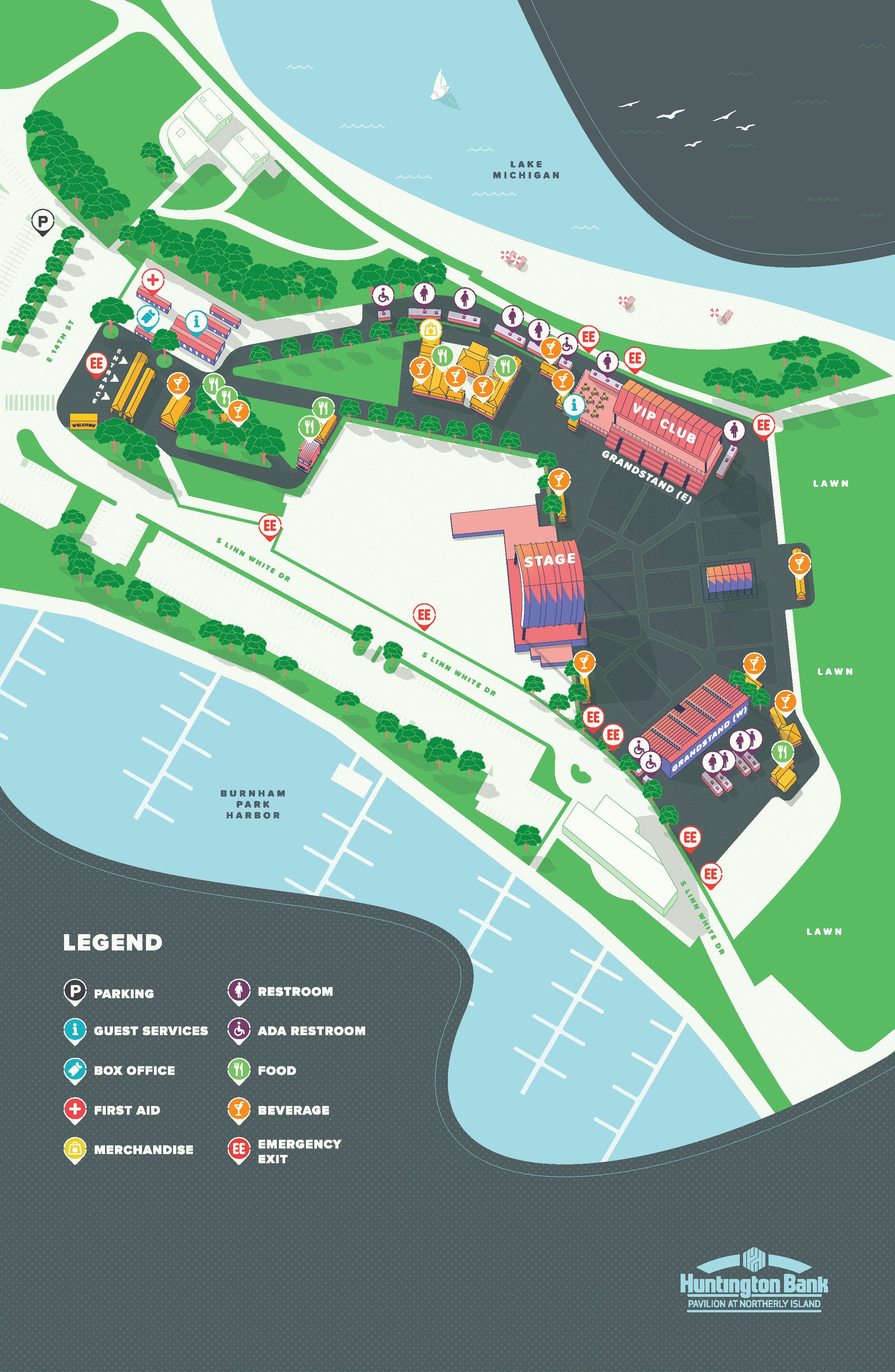 Illustrated map of Huntington Bank Pavilion at Northerly Island.