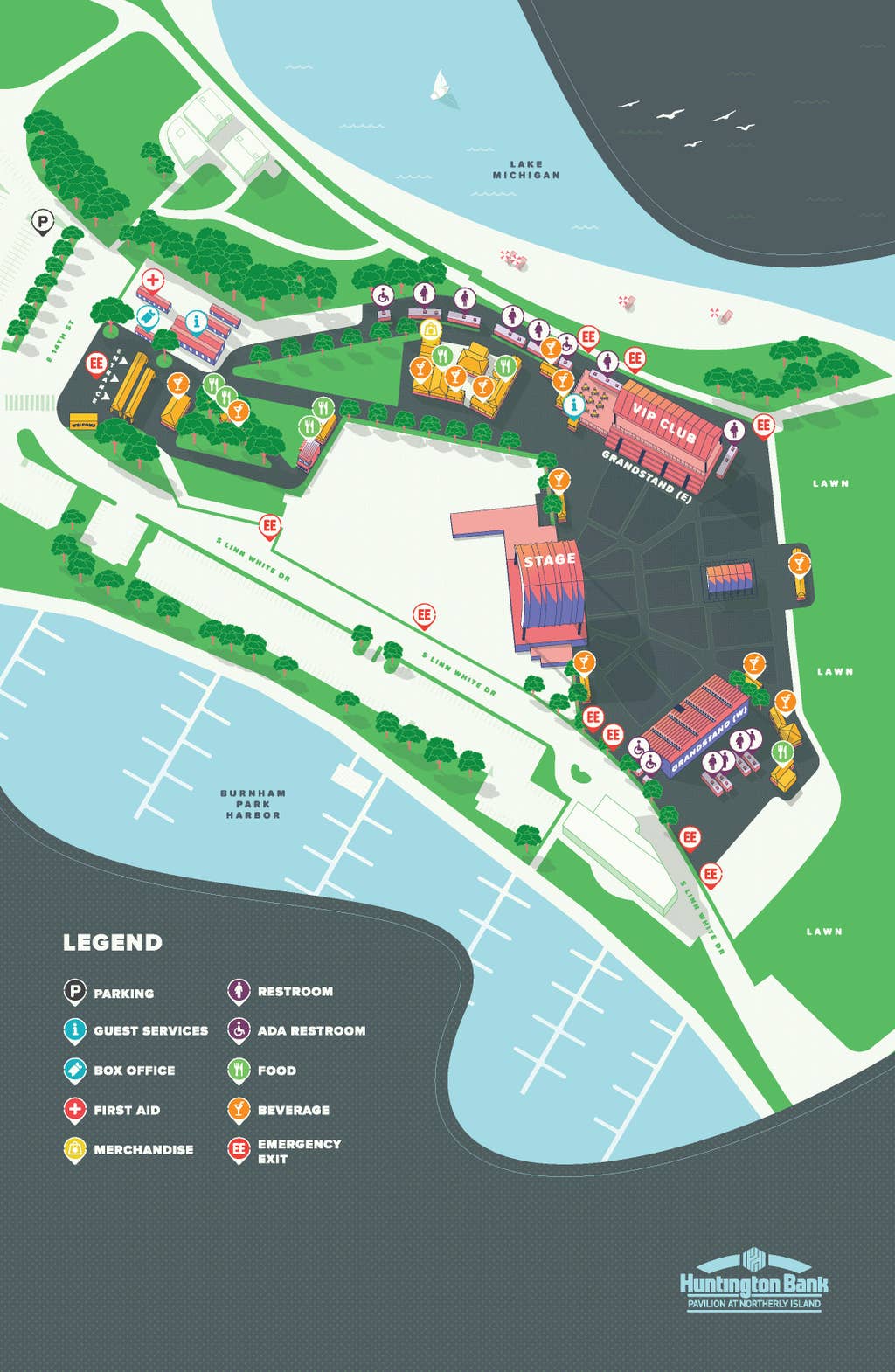Illustrated map of Huntington Bank Pavilion at Northerly Island.
