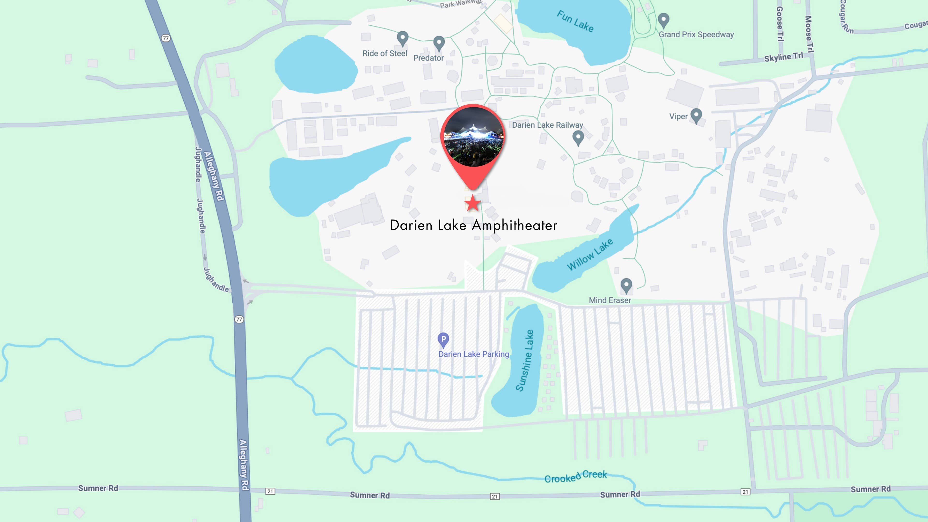 A map showing the surrounding streets and a pin indicating the location of Darien Lake Amphitheater