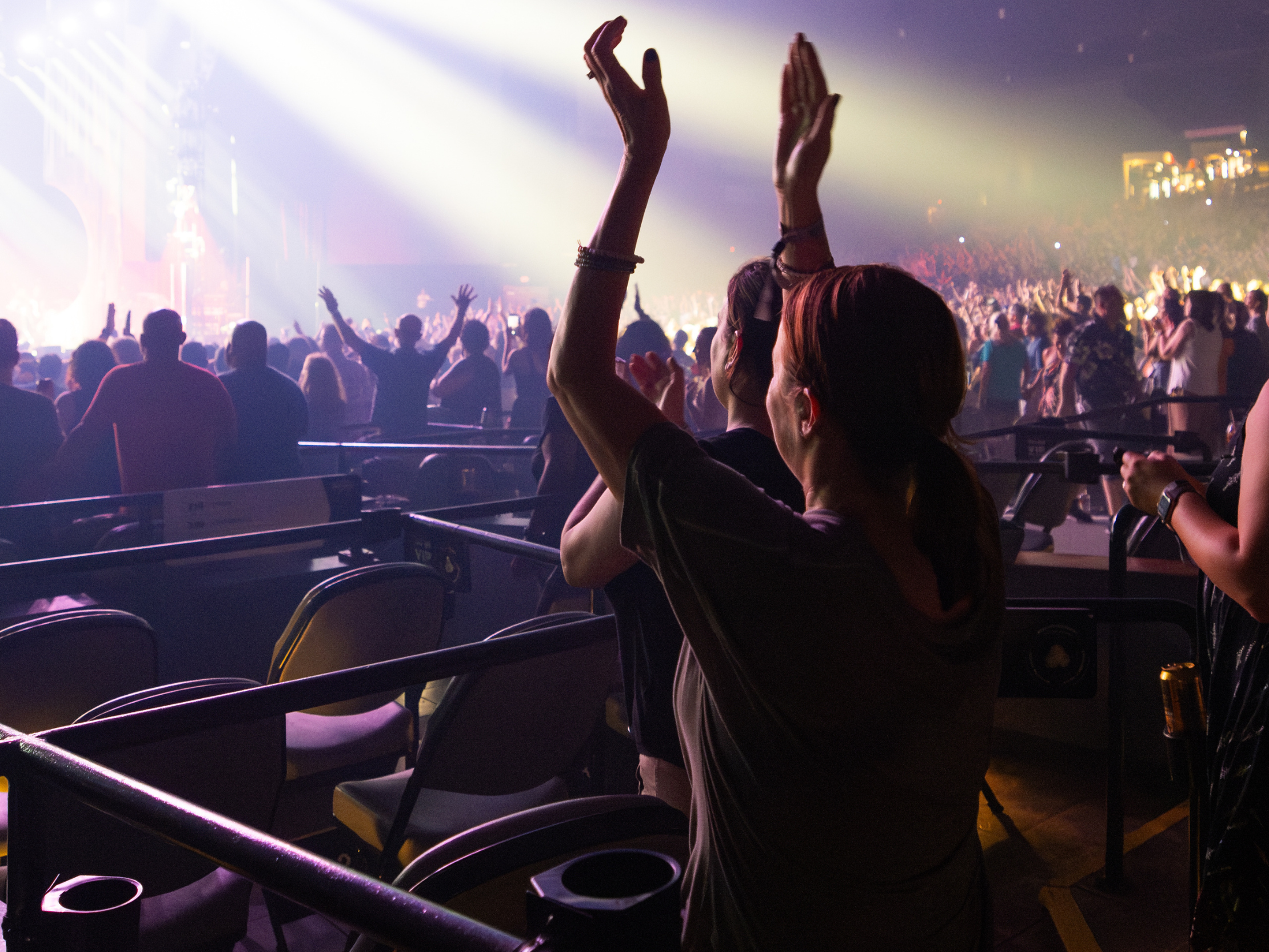 A fan in a box seat cheers on a show.