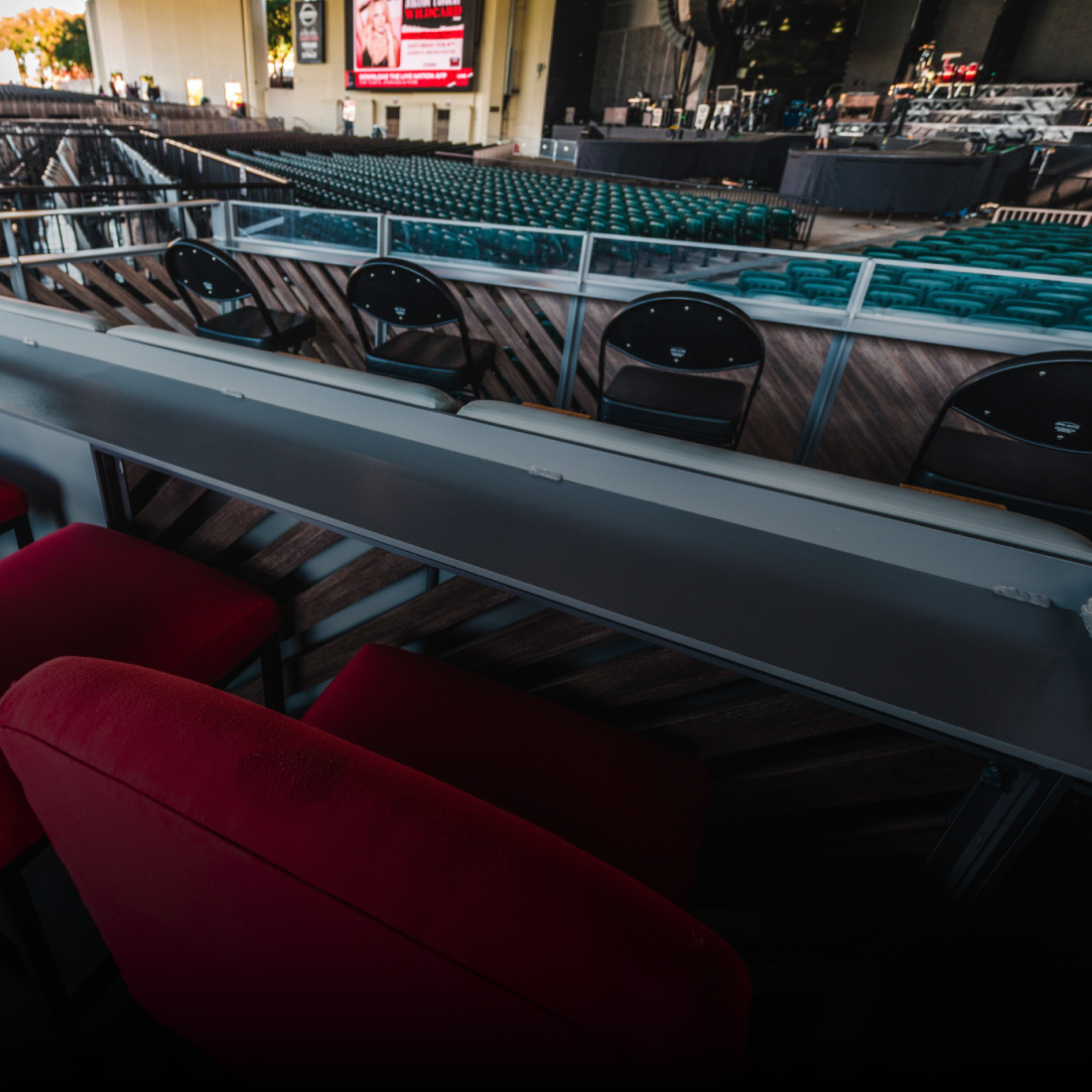 View of private, premium seating areas facing the stage at Toyota Amphitheatre