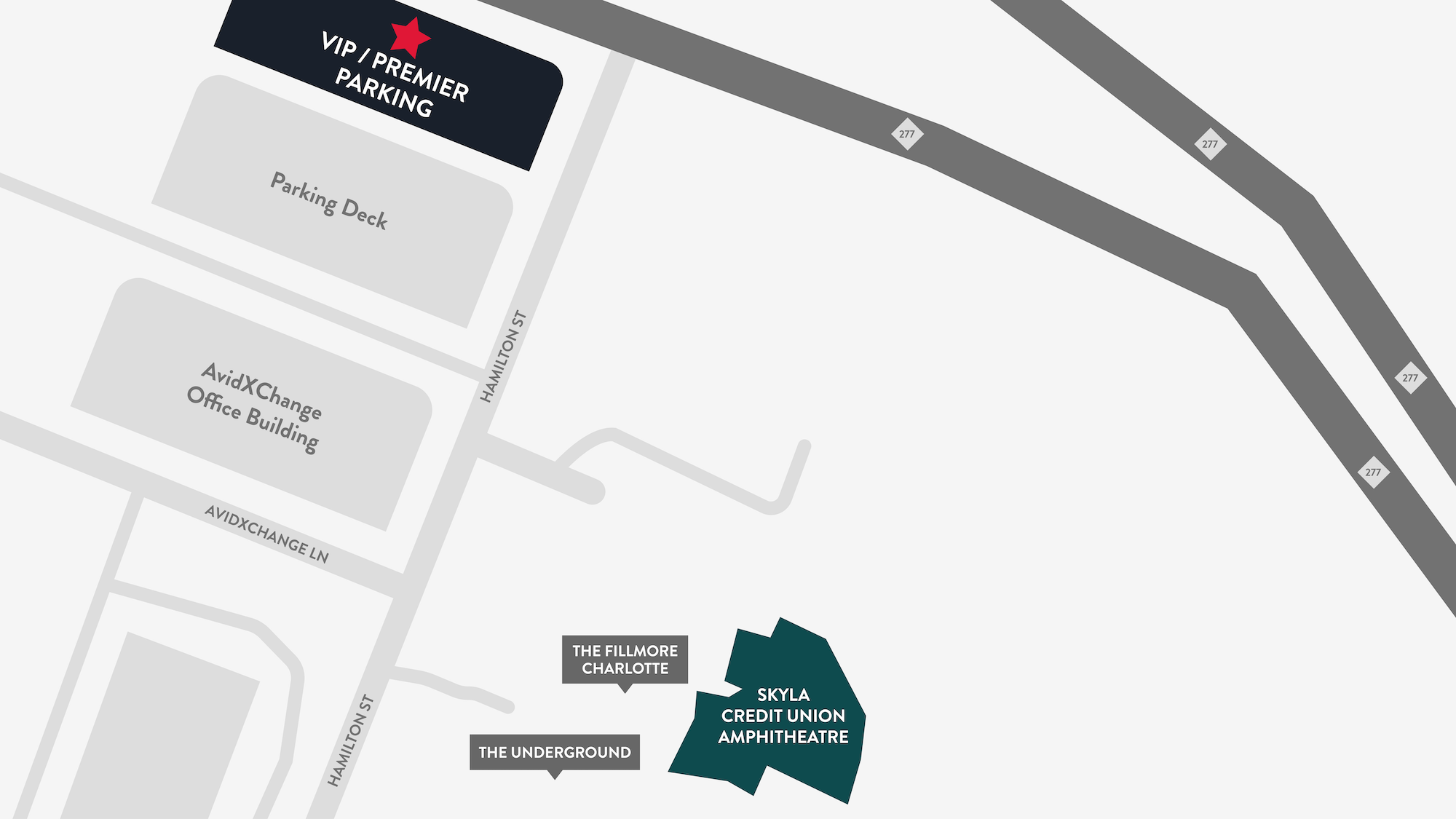 A map indicating the VIP/Premier Parking area in correlation to Skyla Credit Union Amphitheatre as well as The Fillmore Charlotte