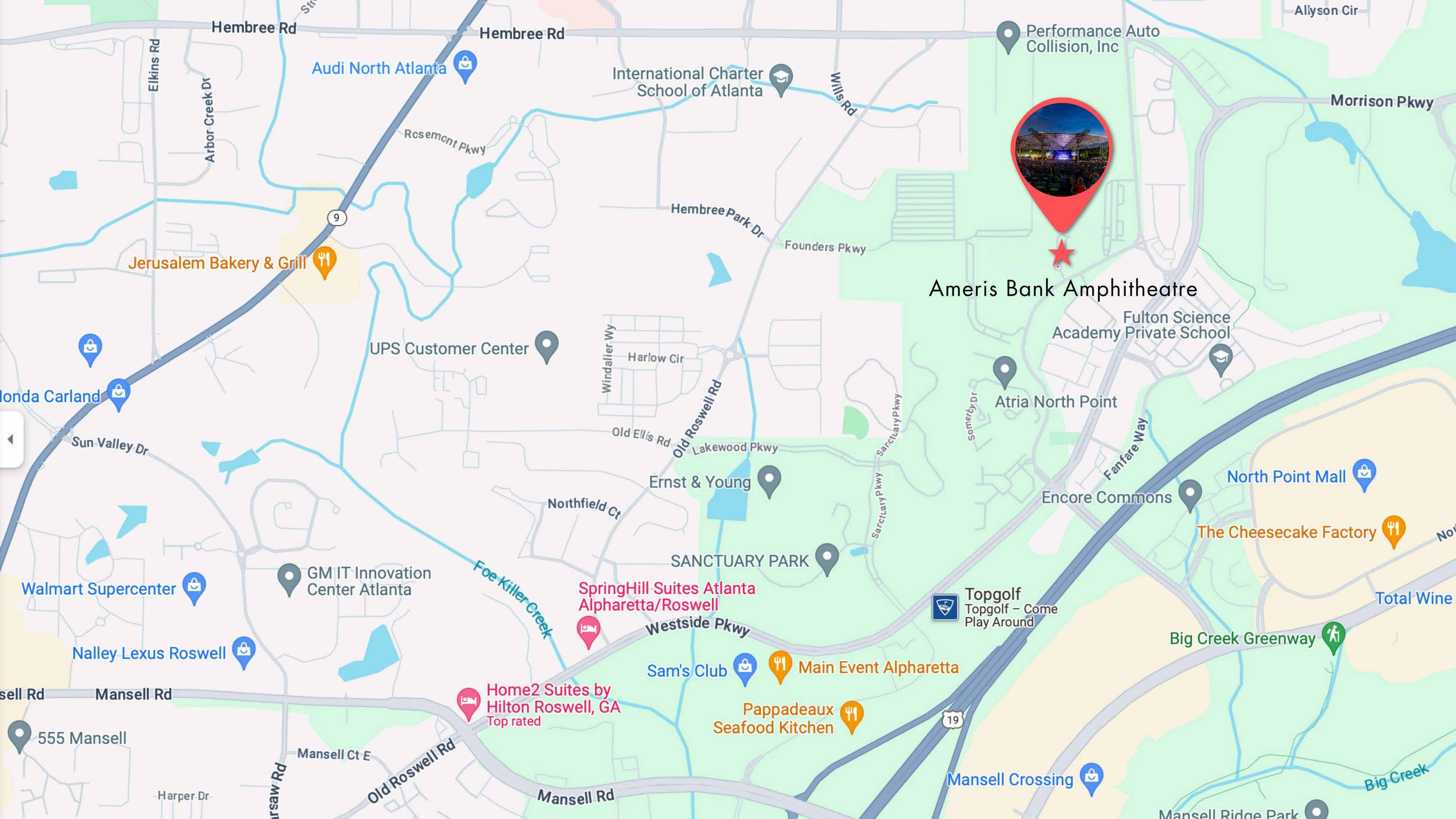 An image of a map to the venue at 2200 Encore Parkway, Alpharetta, GA 30009.