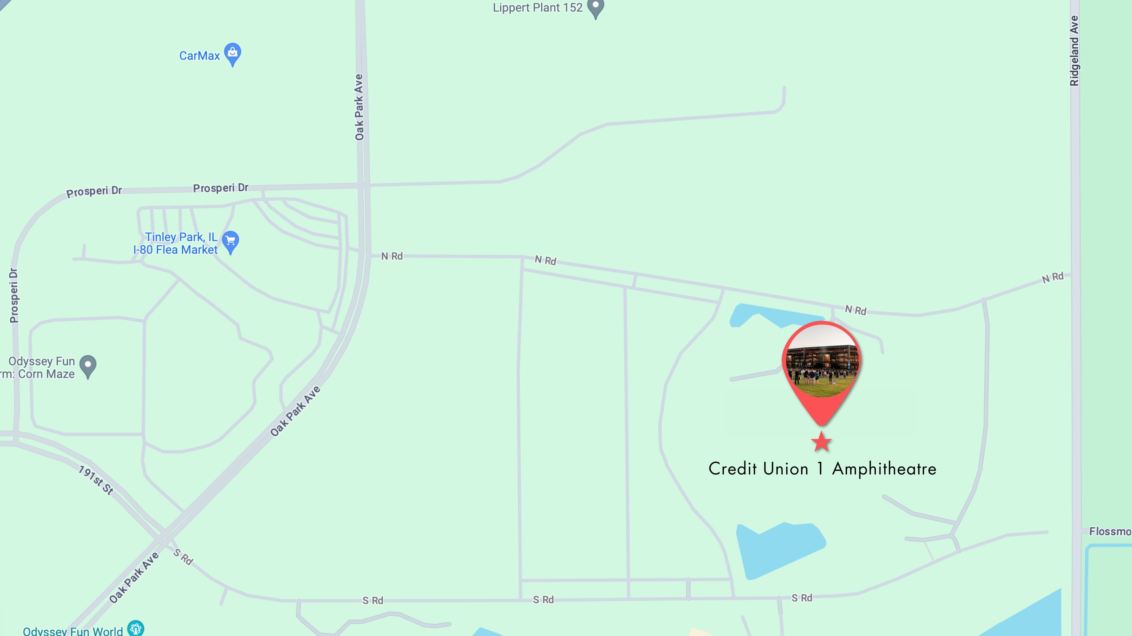 Map of Credit Union 1 Amphitheatre location and local area.