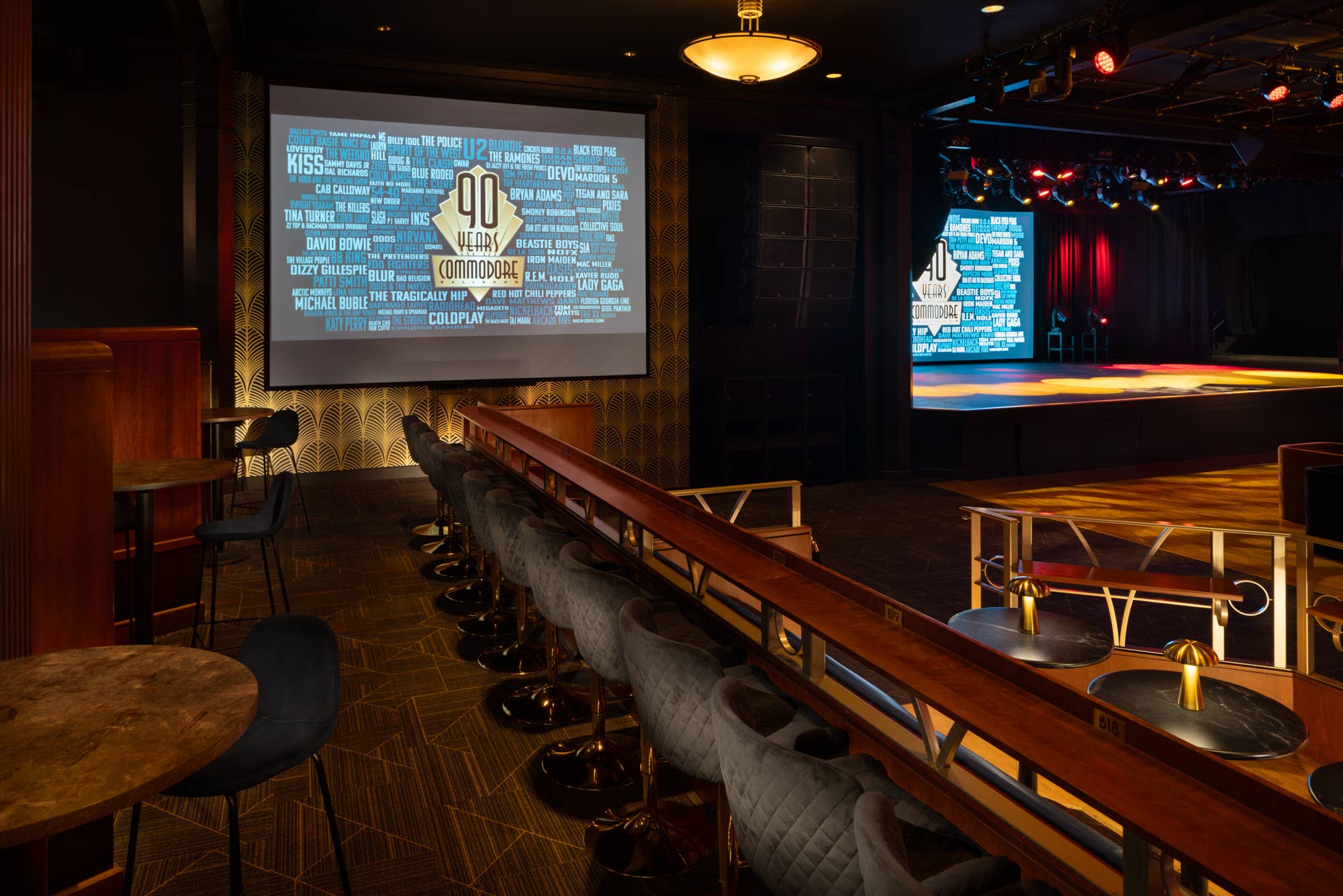 view of the stage at commodore ballroom with a PowerPoint on screen