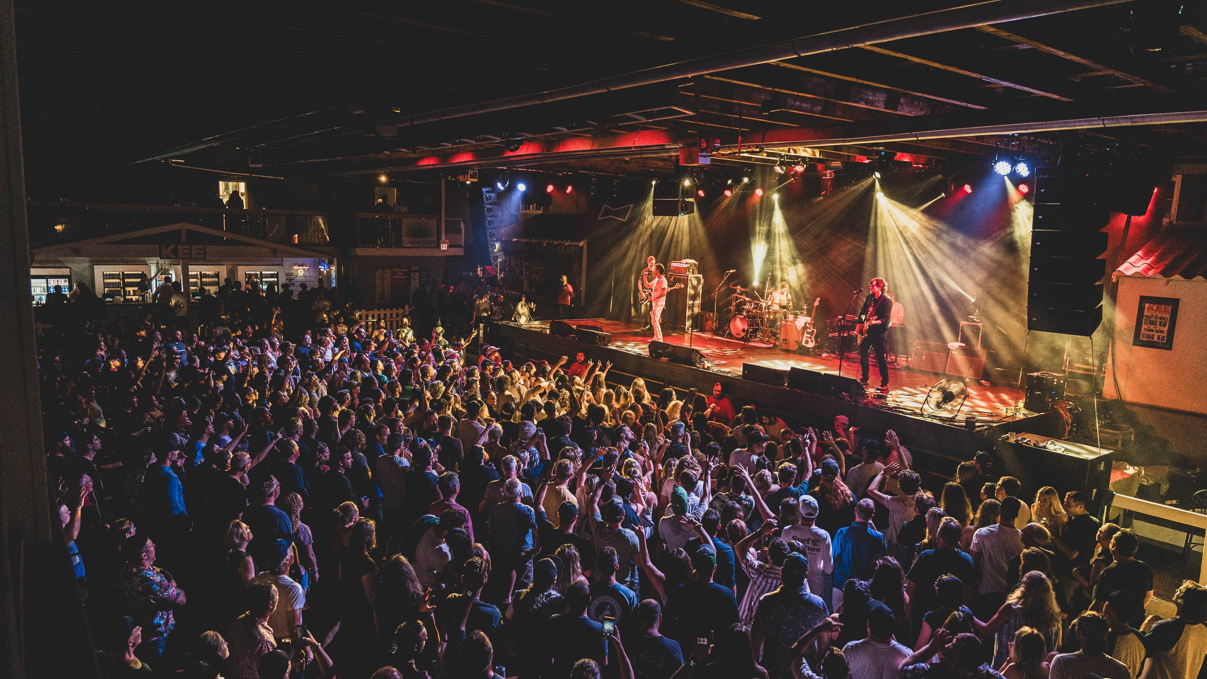 view from the balcony at  the kee to bala looking onto a full crowd with a band on stage